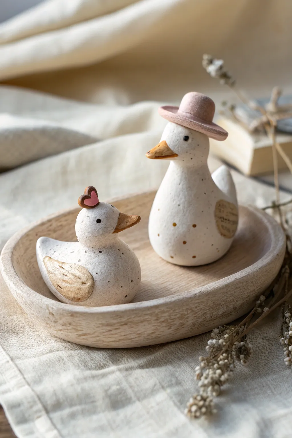 Two tiny clay ducks with a mini hat and heart prop, sweet minimalist decor you can make.
