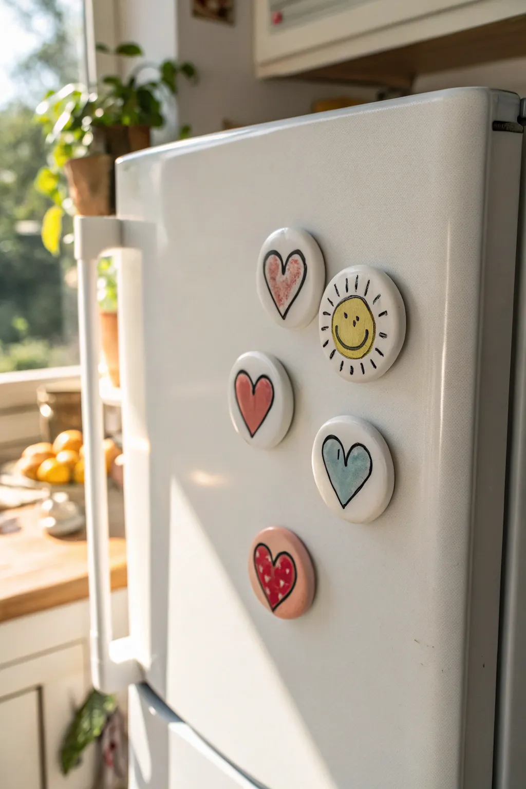 Sweet mini clay magnets with smiling faces in bold pastels, perfect small craft idea for kids