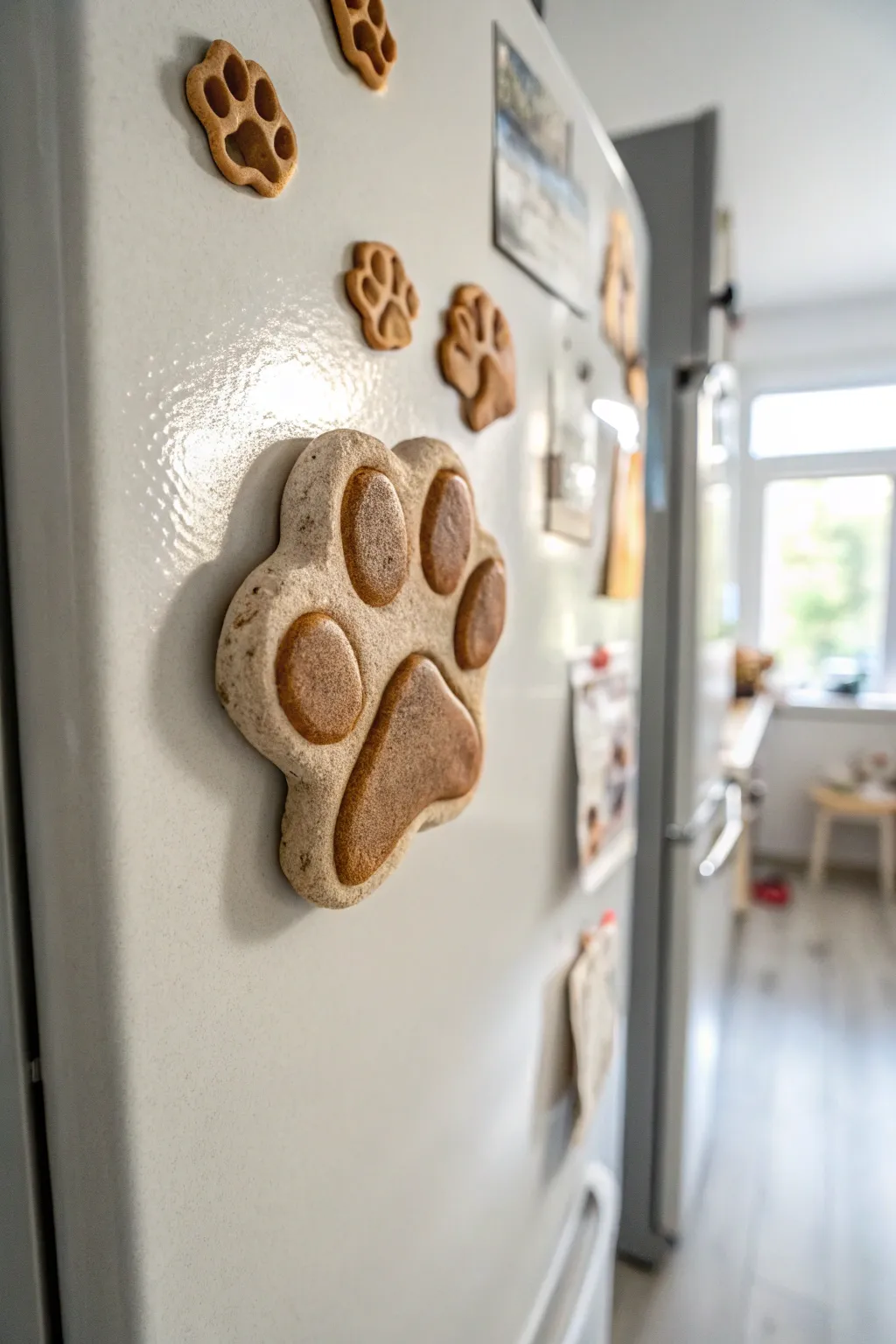 Sweet paw print clay magnets in warm neutrals, like tiny footsteps across a calm minimalist fridge.