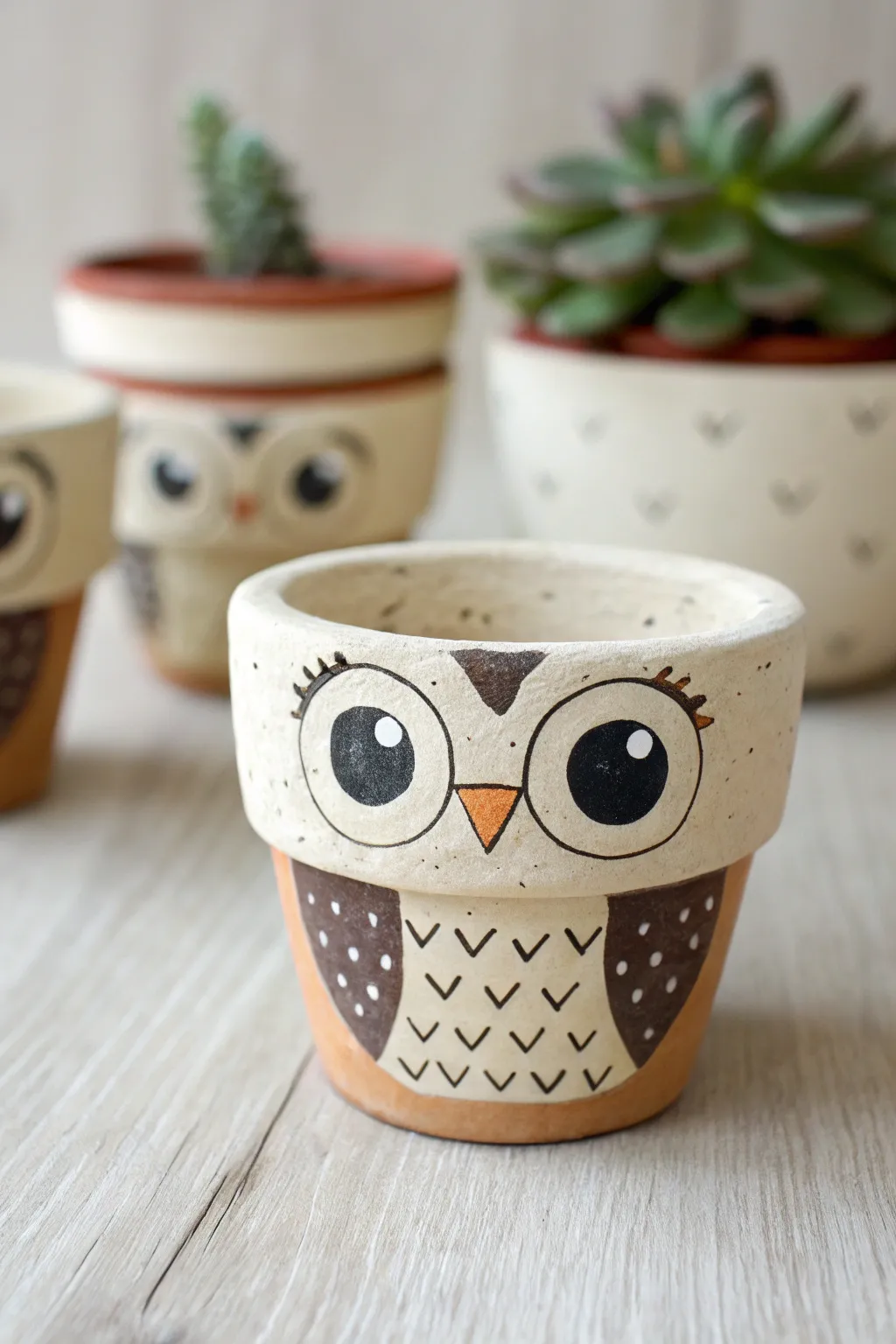 Mini owl clay pot idea with simple eyes and beak, Scandinavian minimal with a cozy boho touch.