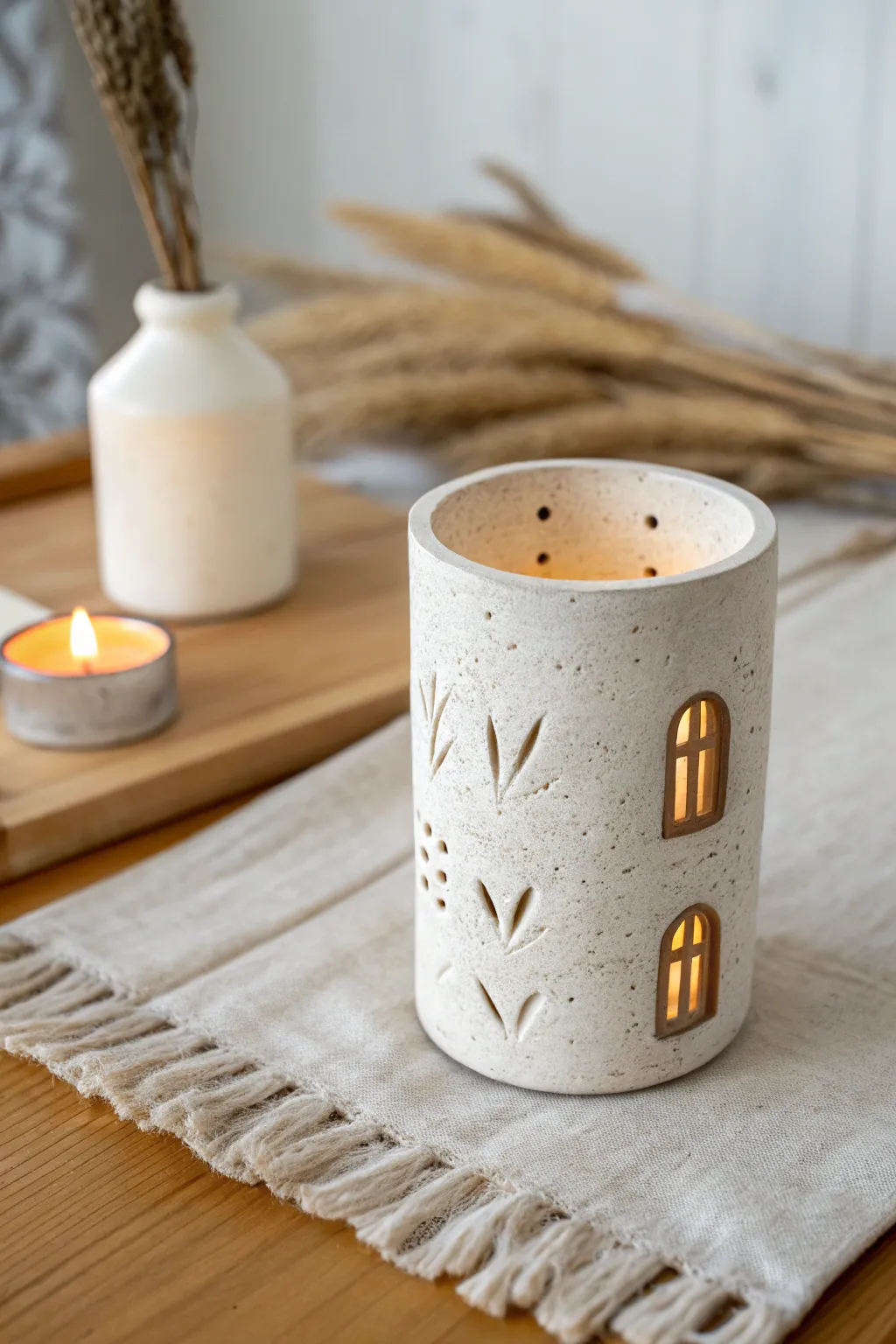 Simple handmade clay tea light holder with carved details, glowing softly on a cozy side table