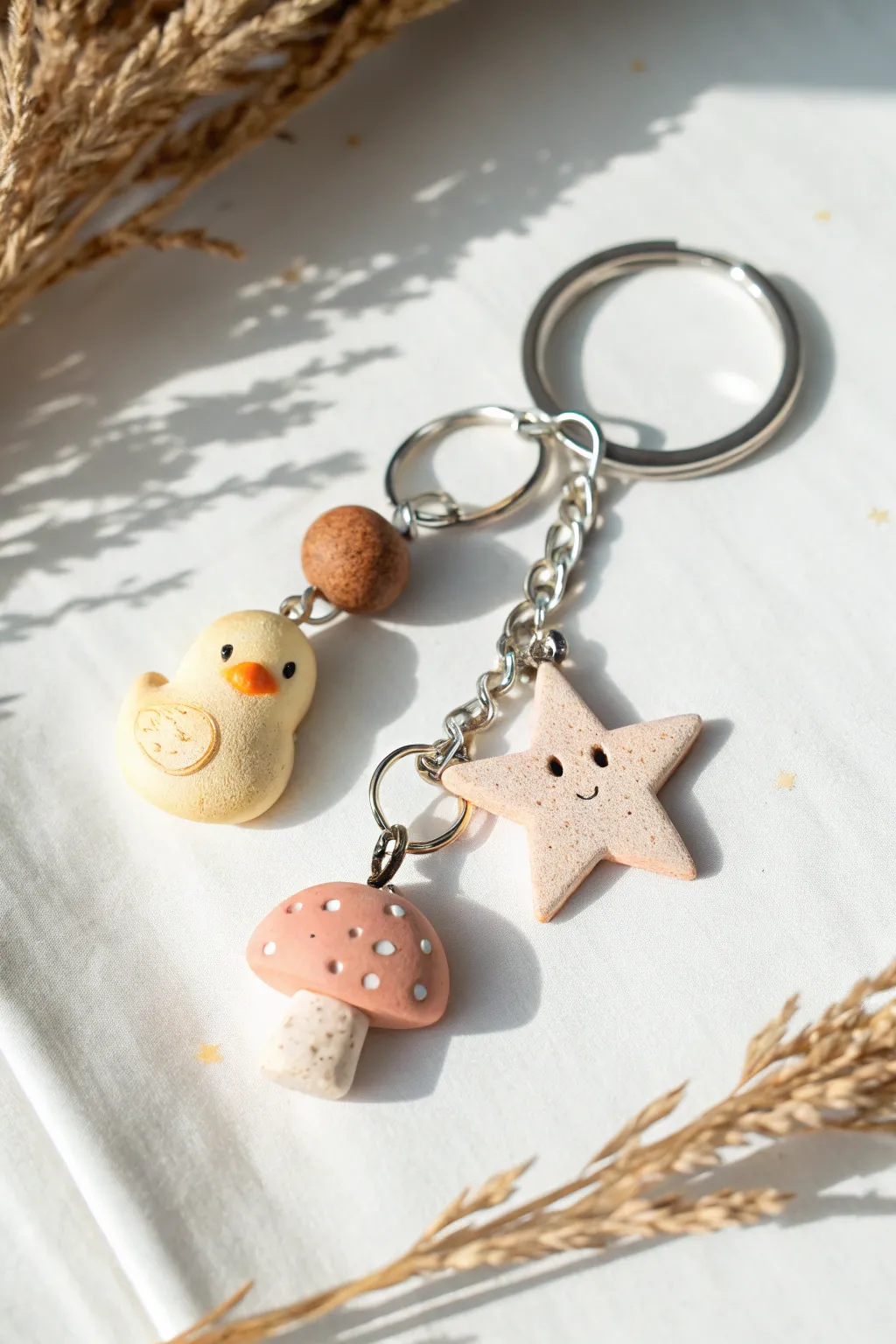 Tiny clay charm keychain with duck, star and mushroom, simple, handmade, softly boho.