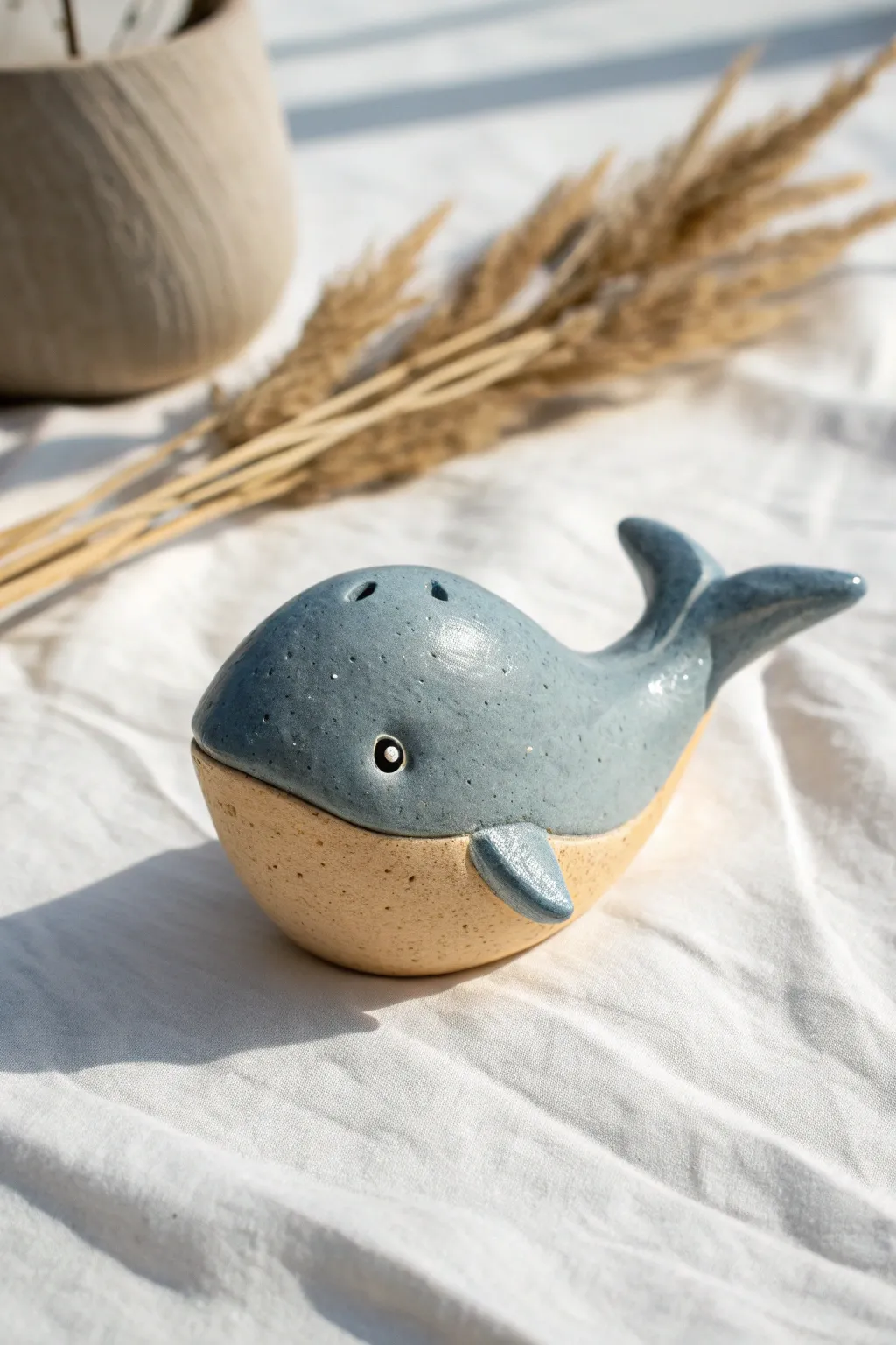 Tiny two-tone clay whale with a playful water spout, minimalist and sweet for your shelf