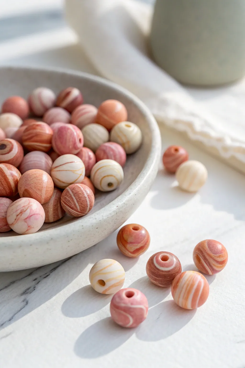 Tiny marble swirl polymer clay beads in soft neutrals, with a cut bead revealing the swirl inside.
