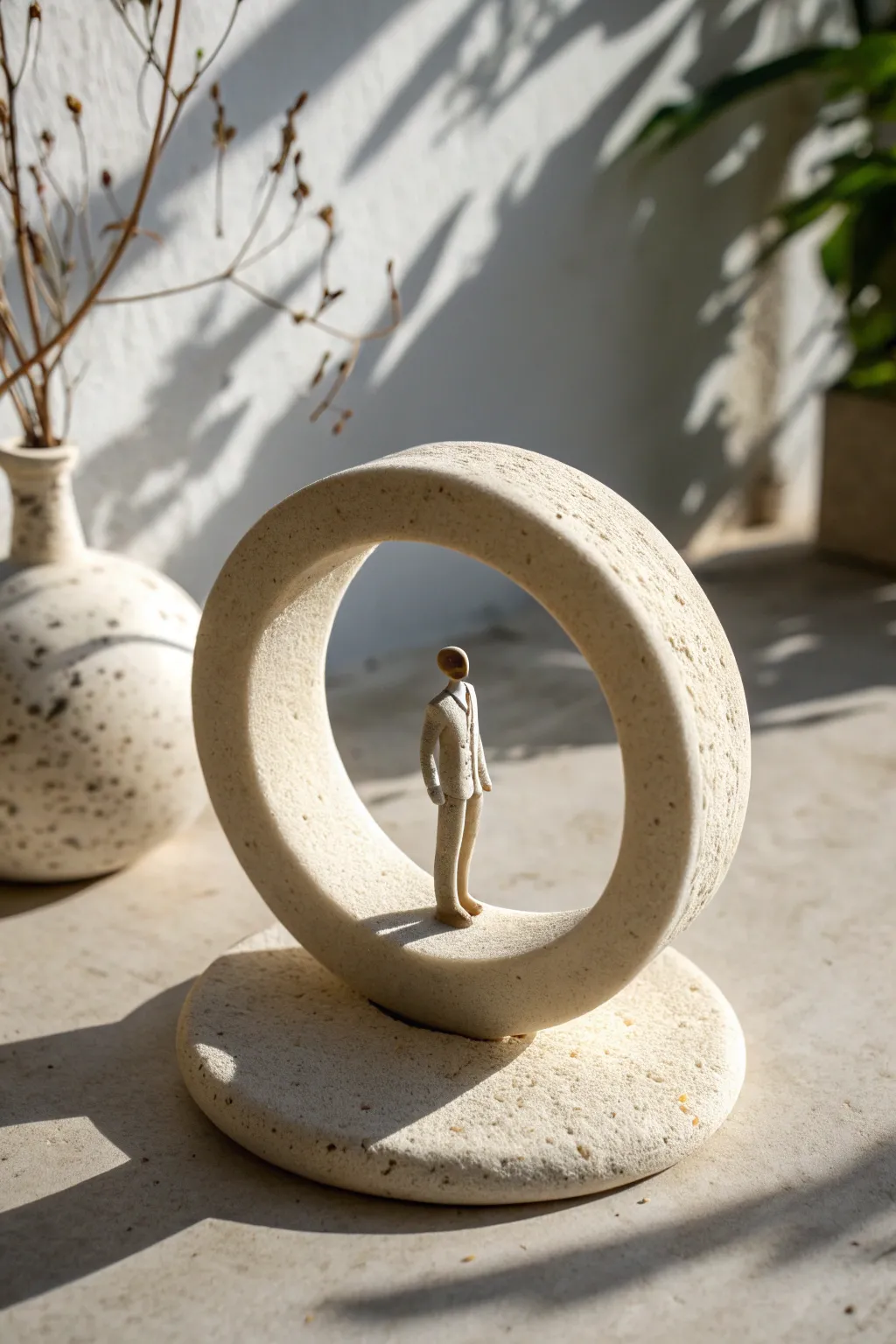 Minimal ring sculpture with a floating clay figure, celebrating negative space and calm balance.