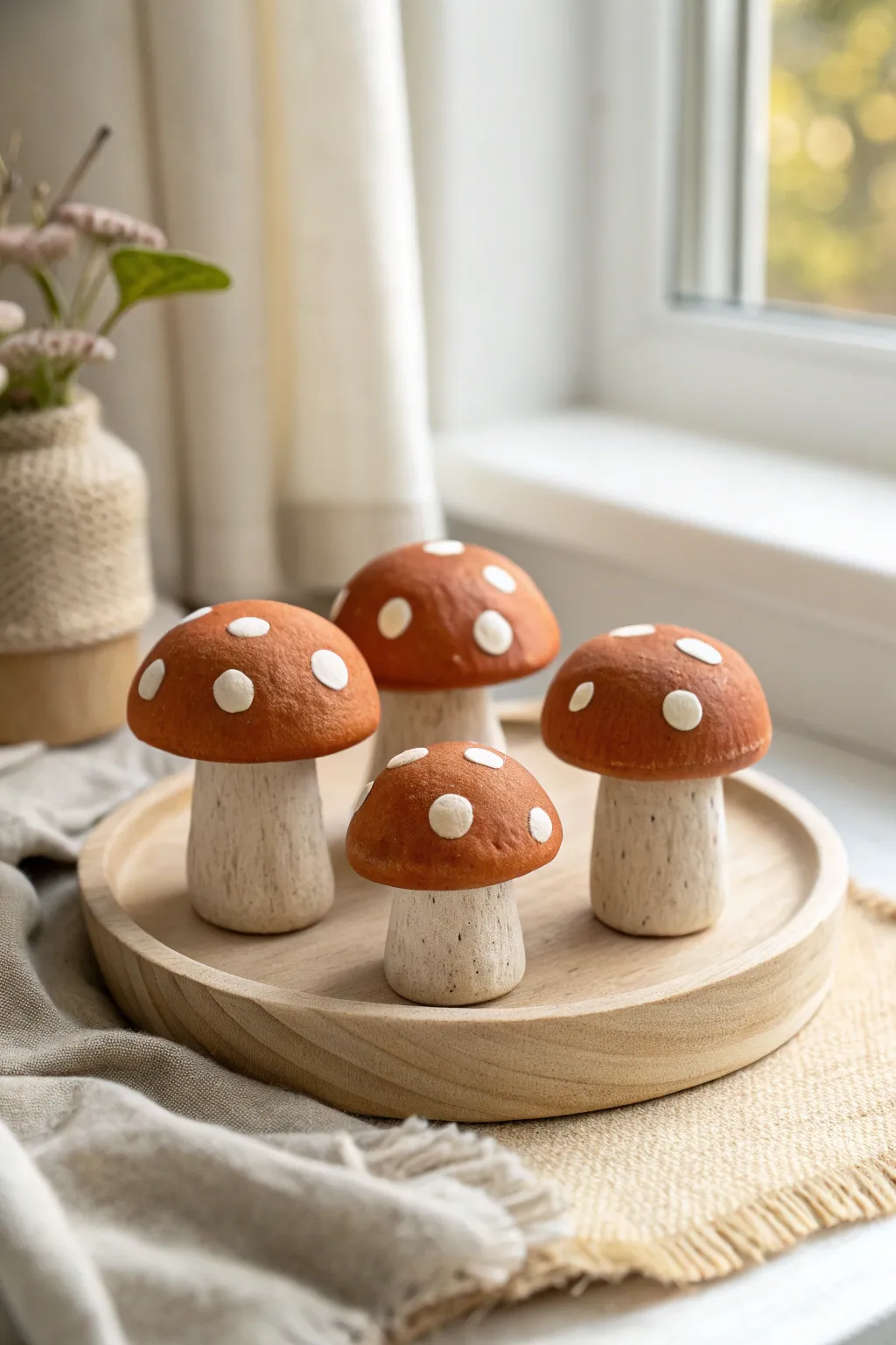 Tiny clay mushroom minis on a minimalist tray—simple, charming, and beginner friendly.