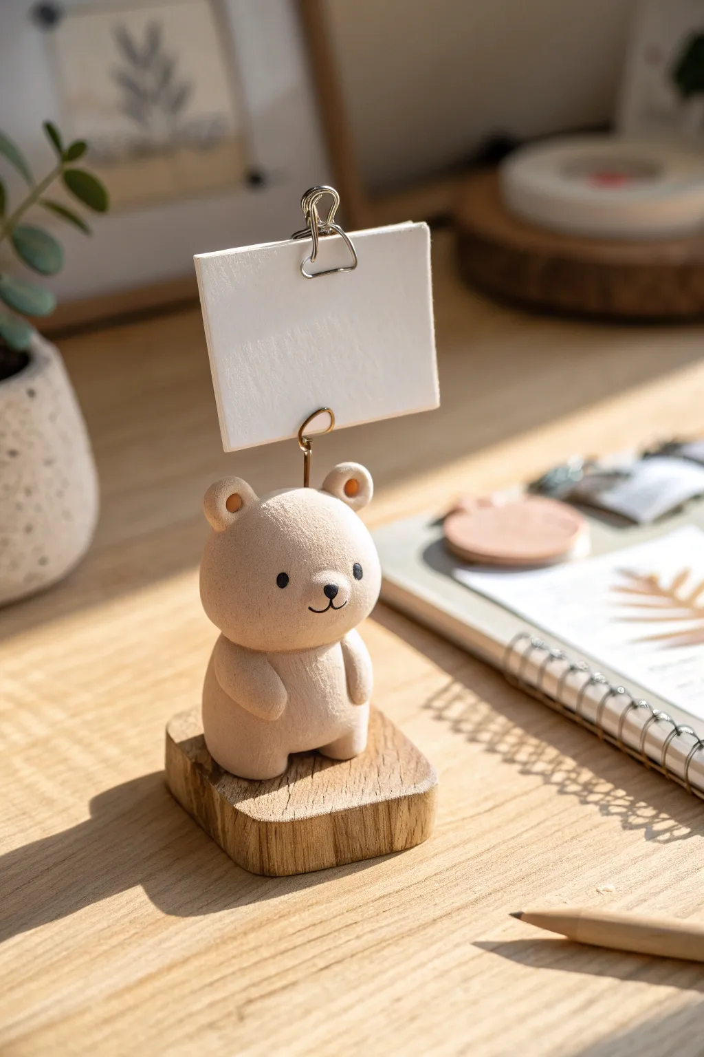 A tiny clay desk buddy holding a blank note upright, minimalist Scandinavian style with boho warmth