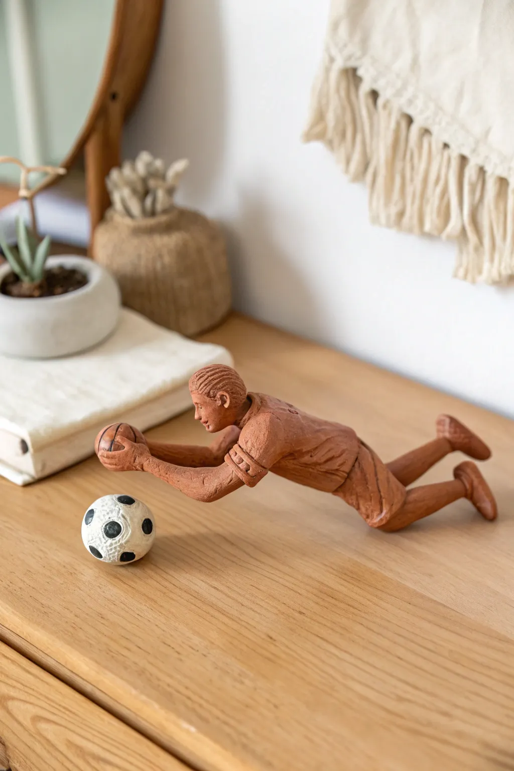 Playful clay goalkeeper dive figurine, minimalist desk decor with handcrafted charm.