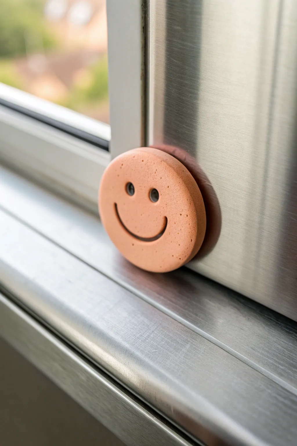 Sweet minimalist soft clay smiley magnet in pastel tones, perfect for a cozy boho kitchen