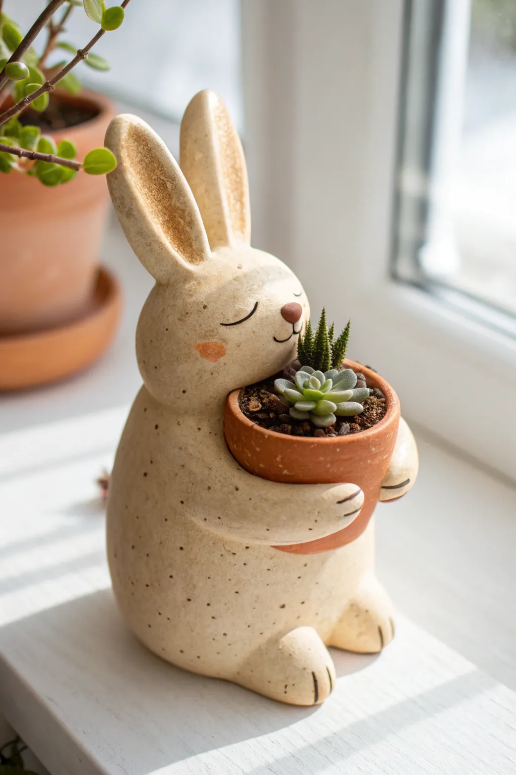 Sweet bunny butt planter pal hugging a mini pot, simple soft-clay decor with cozy Nordic calm.