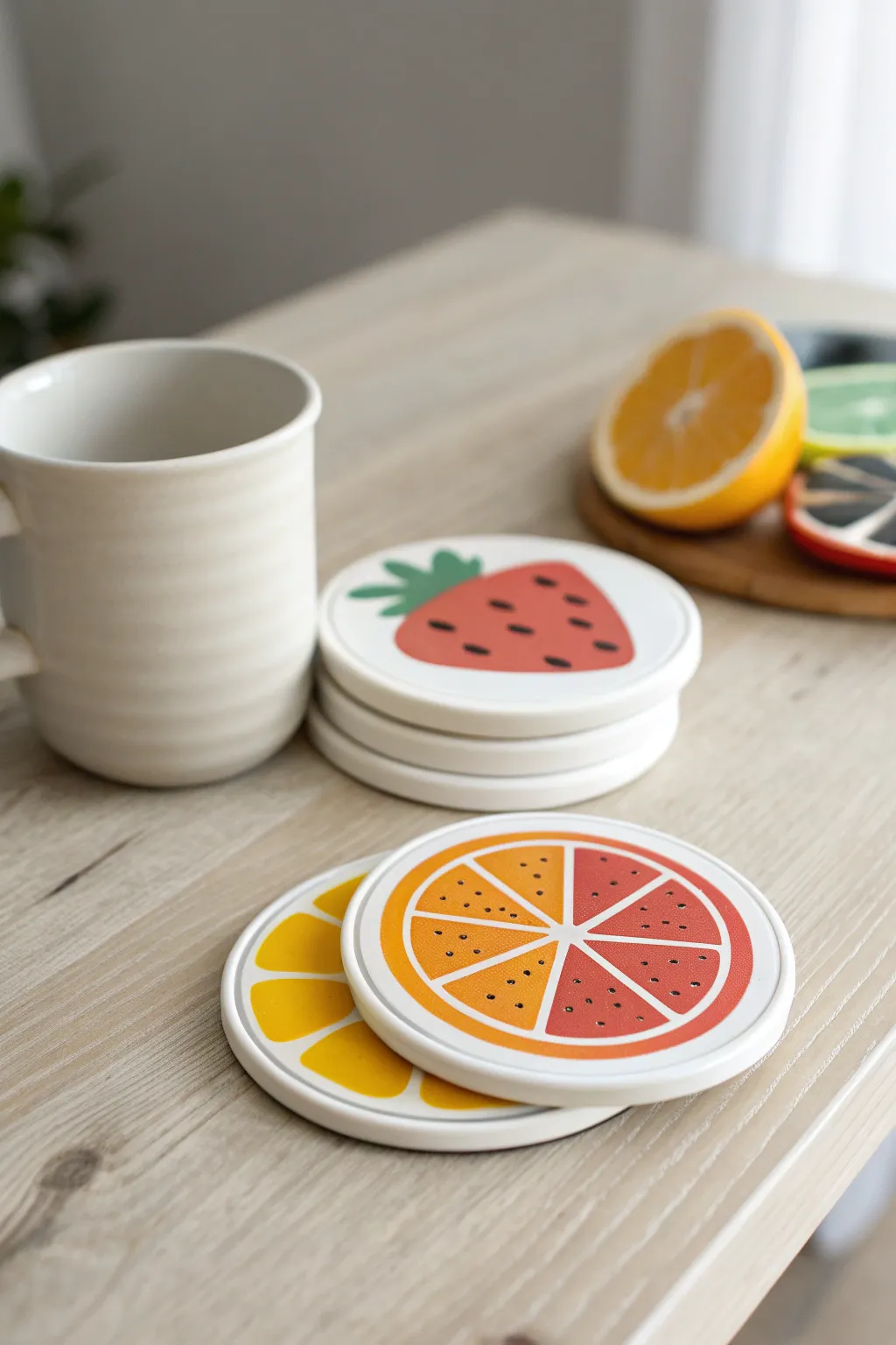 Mini fruit coasters from soft clay, kid friendly, bright and sweet for summer snack time.