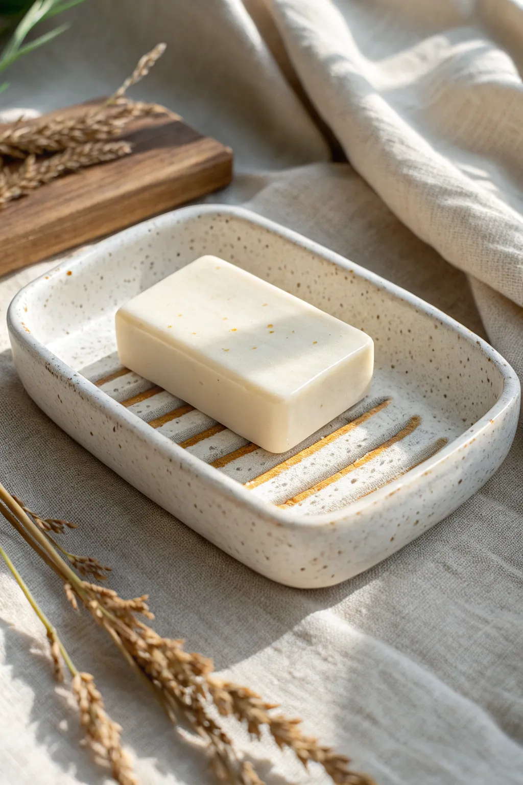 Minimal soft slab soap dish with clean drainage slots, styled bright and airy for a calm bath vibe