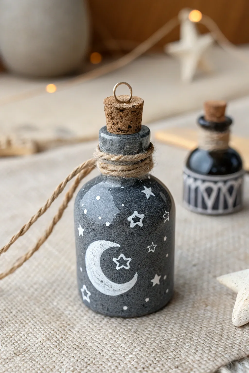 Spooky-cute clay potion bottle pendant with minimalist boho styling and crisp, moody contrast