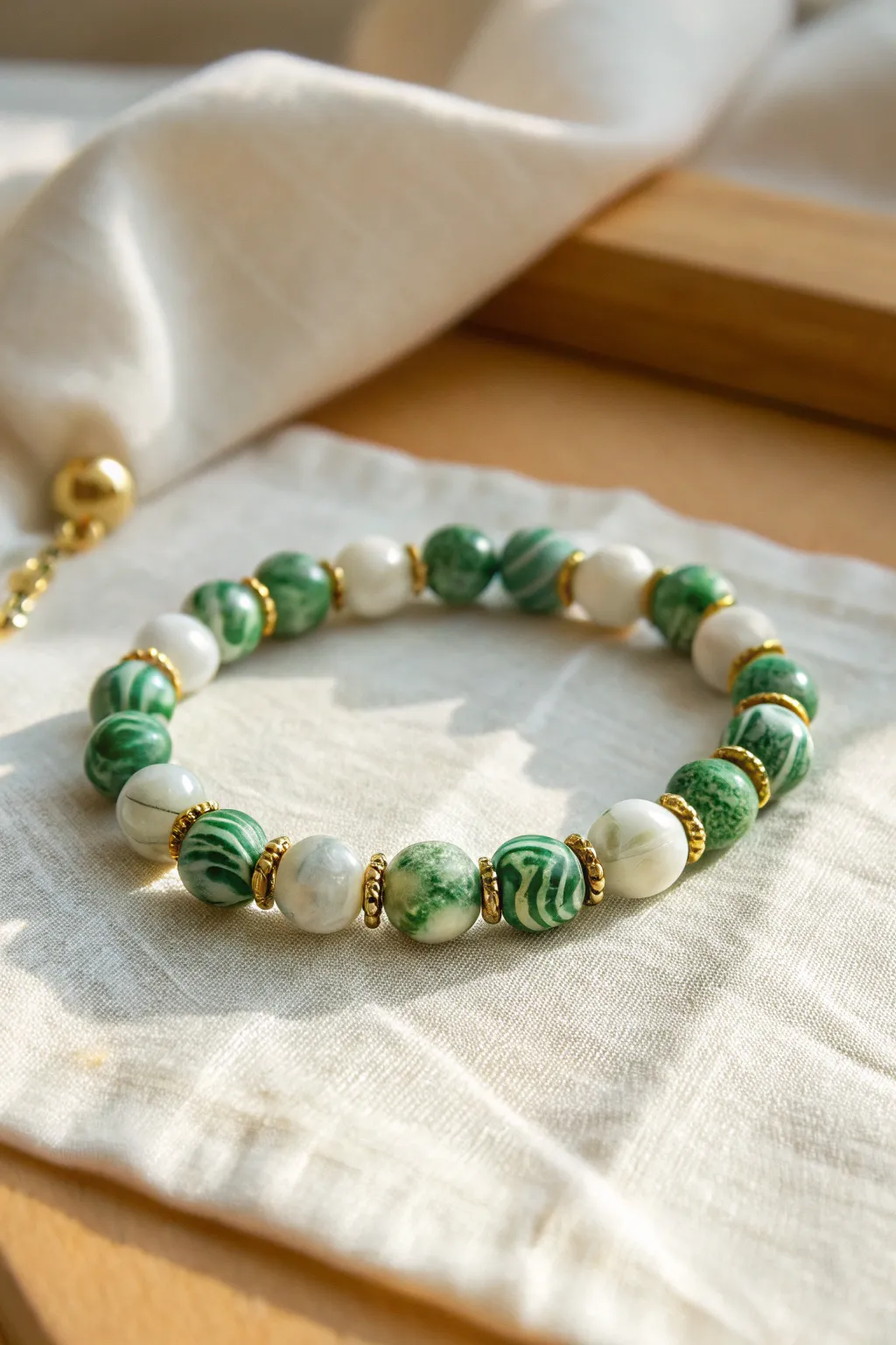 Minimalist St Patricks Day bracelet with marbled lucky green swirl beads and simple heishi accents.