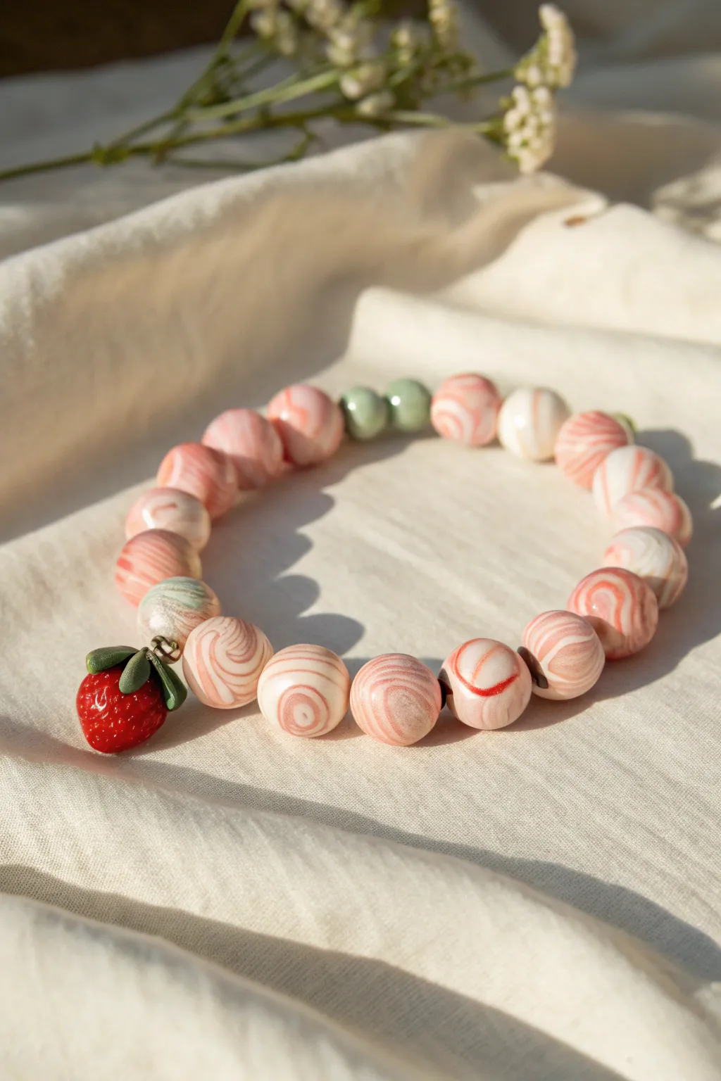 Strawberry milkshake swirl clay beads with a soft green accent for a sweet minimalist look