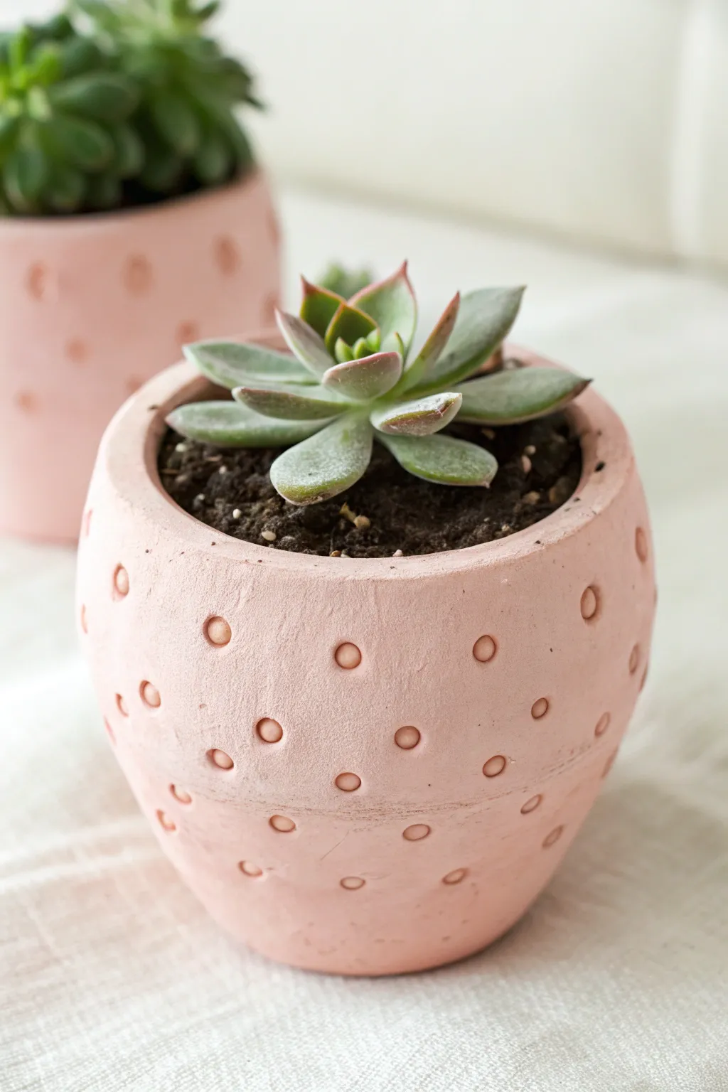 Sweet strawberry planter pot with tiny succulent, minimalist boho vibes and handmade seed texture.
