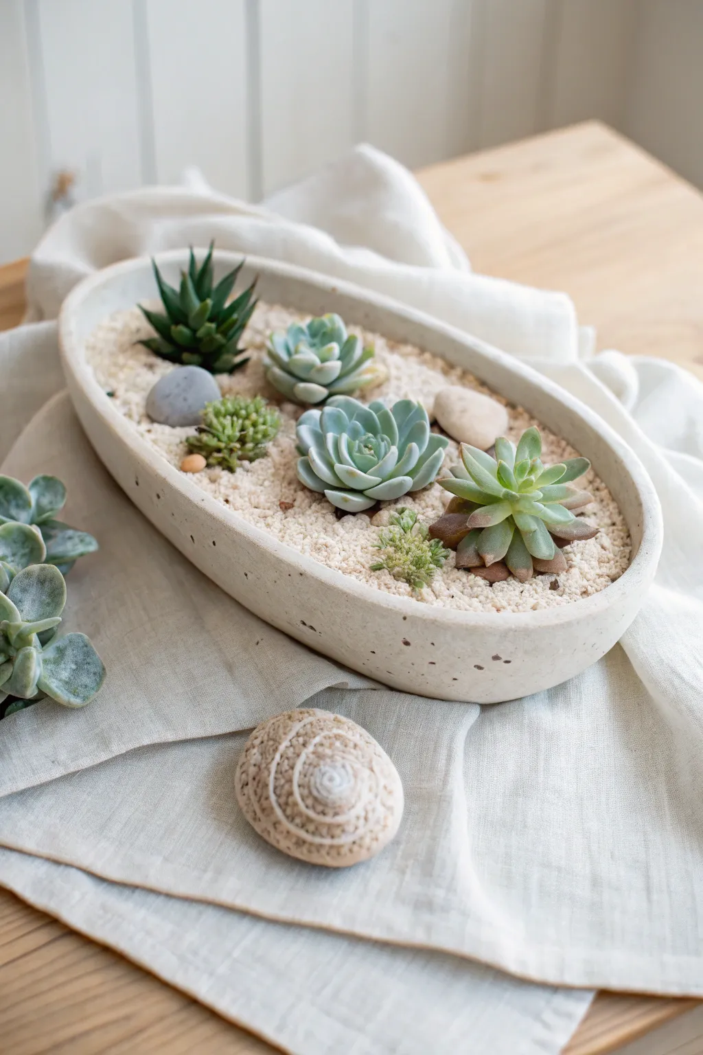 Coastal pebble succulent tray in cool tones, airy shells and stoneware for a calm centerpiece.