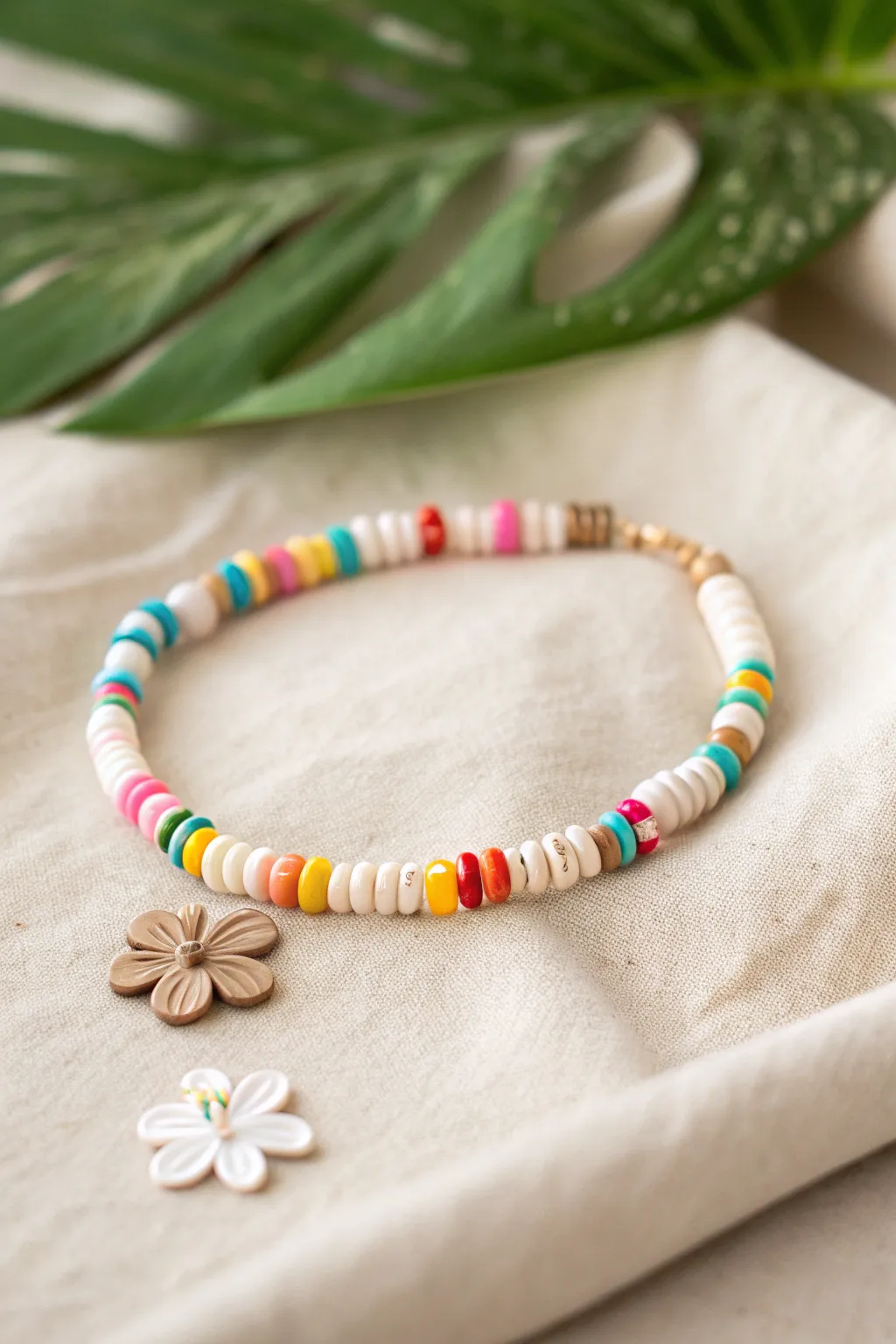 Colorful heishi clay bead bracelet with tropical flower accents and soft leafy summer backdrop.