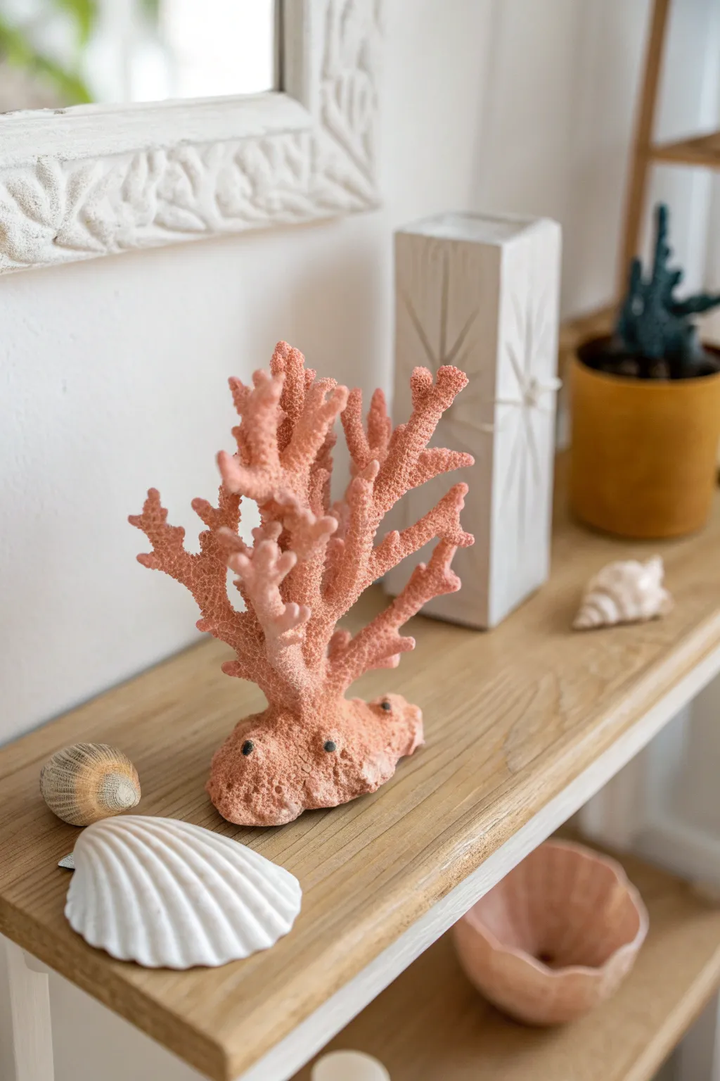 Soft peach clay coral sculpture for summer desk decor, minimalist coastal vibes in one shot.