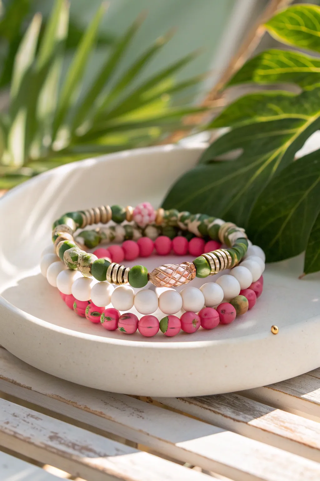 Tropical palm green and hot pink clay bead bracelet stack with clean white spacers in summer light