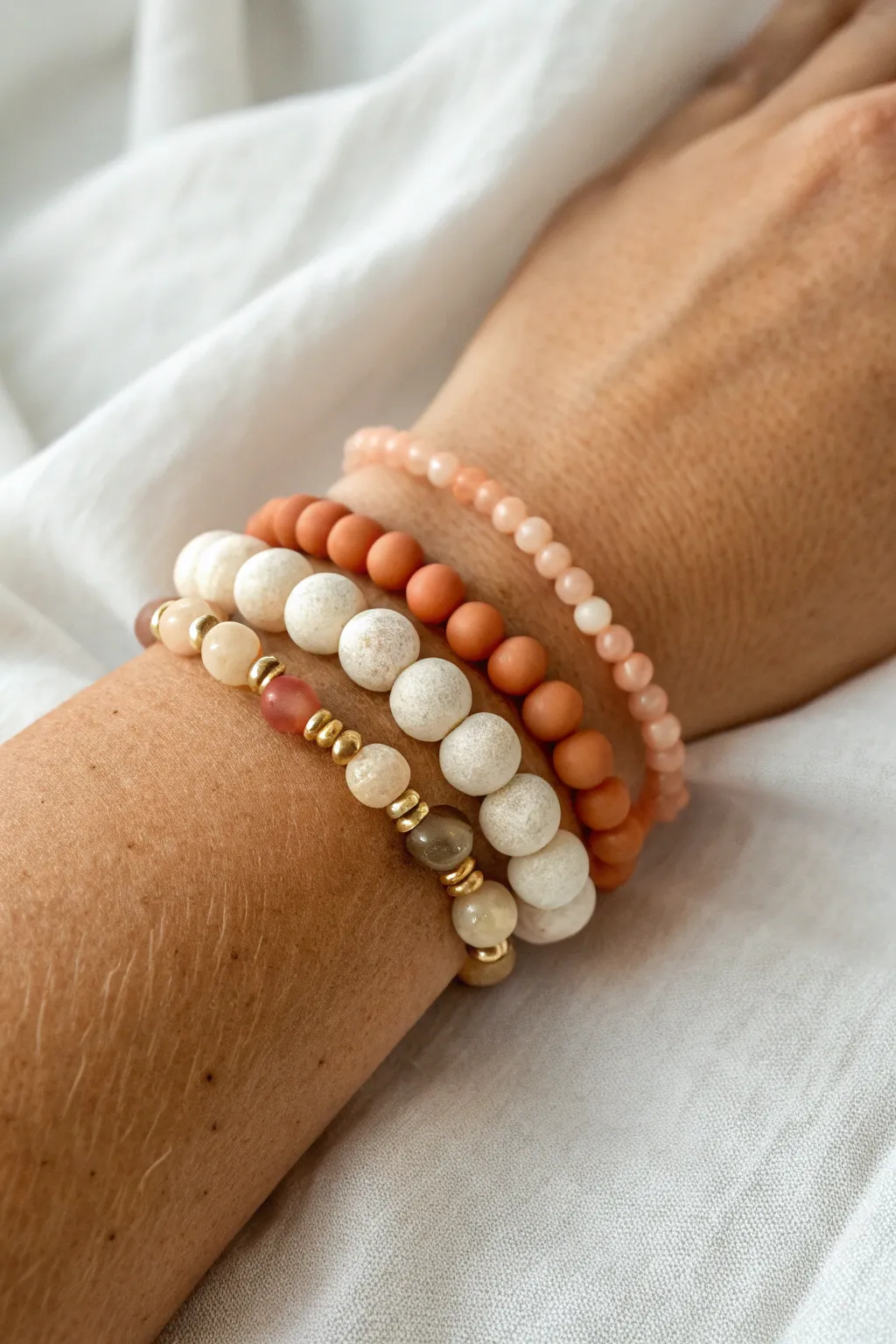 Sunset Stack Trio: ombre, white accents, and gold spacers for an effortless clay bead look