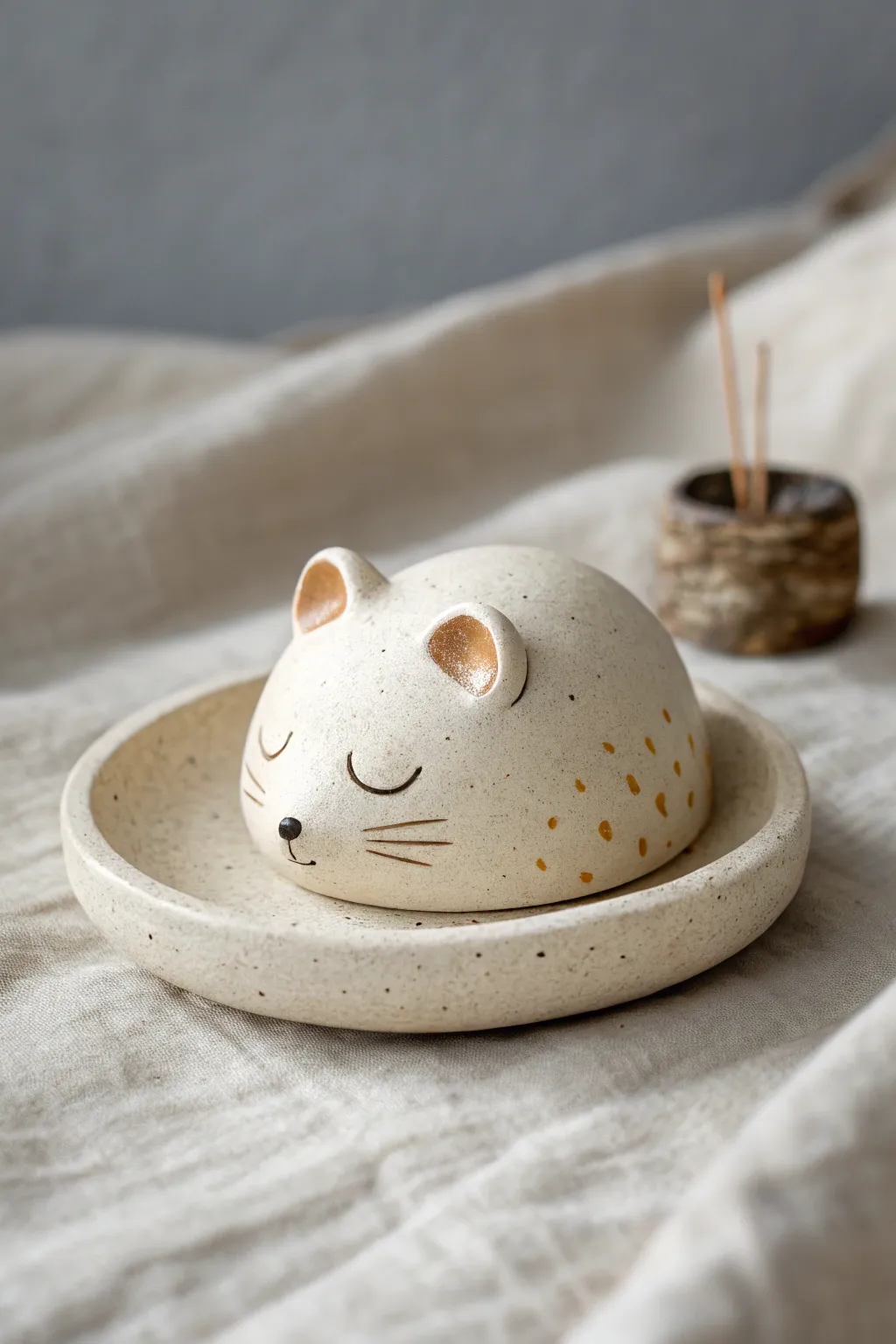 A simple sleepy critter incense holder in super clay, calm minimal style and cozy natural tones.