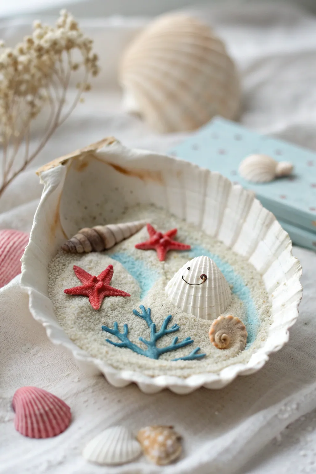 A sweet super light clay shell diorama: tiny waves, starfish, and a smiling sea friend
