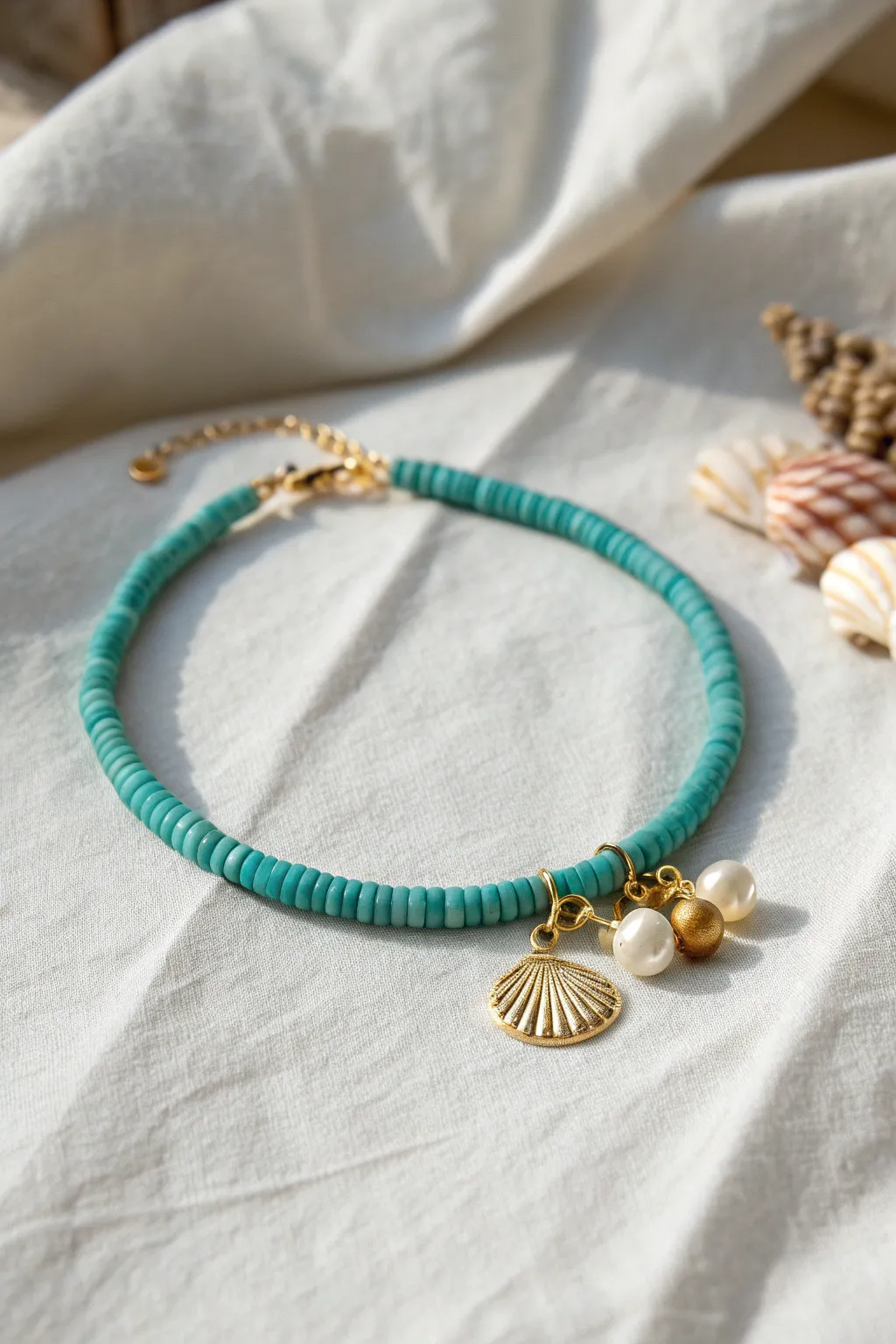 Teal heishi bracelet with a tiny ocean charm cluster for an easy, boho-minimal look.