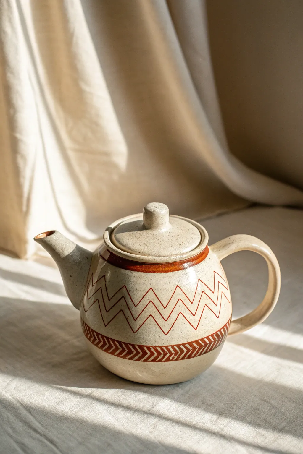 Crisp tape-masked stripes and a simple chevron band for an elegant, modern teapot finish.