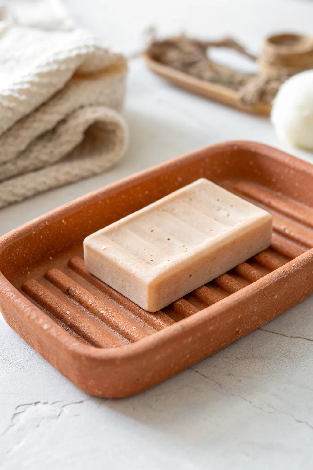Minimal terracotta soap dish with drain ridges, styled with bar soap and soft linen towel.