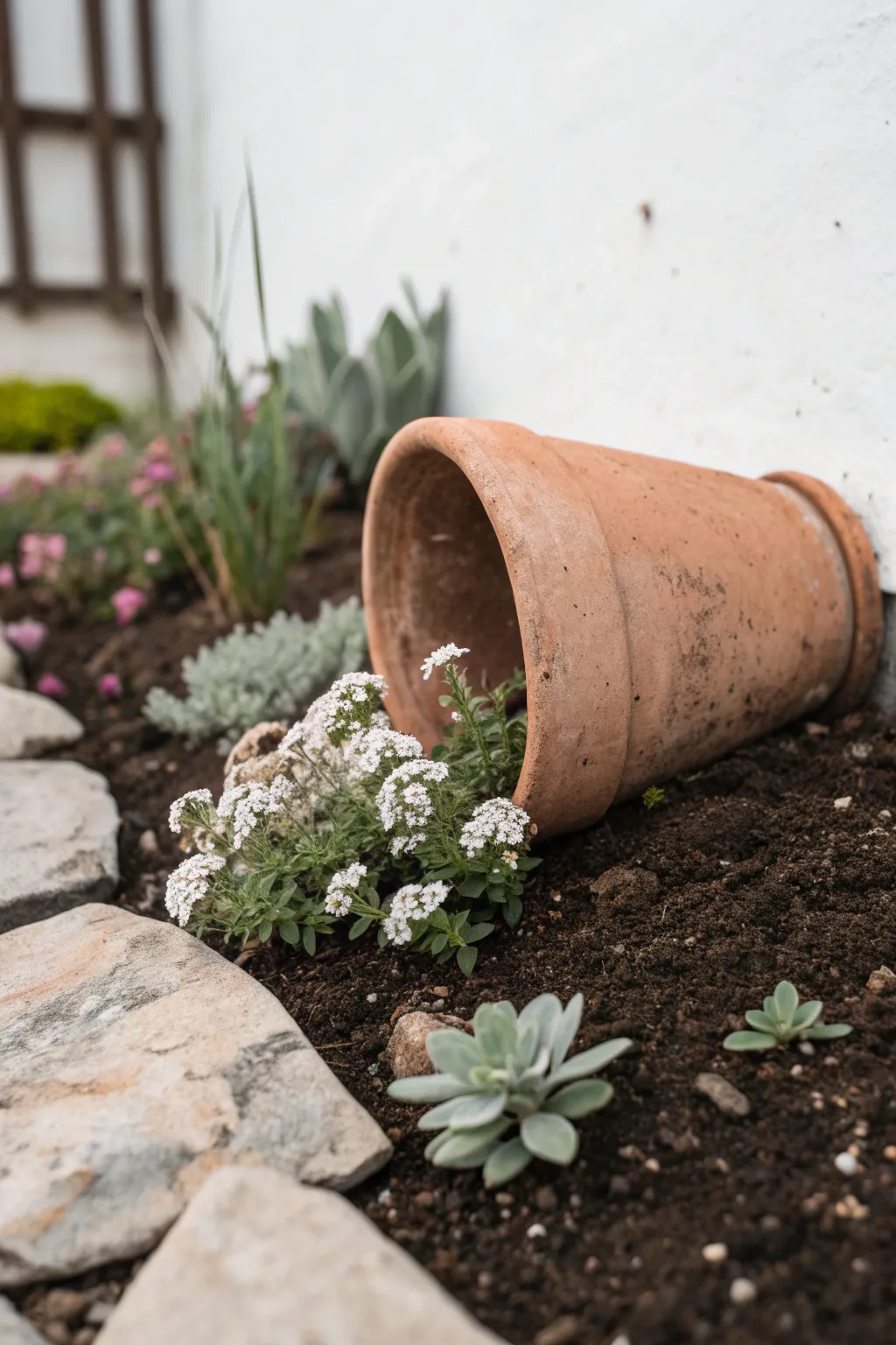 A tipped terracotta pot becomes a flower pour, adding effortless color and charm to the garden.