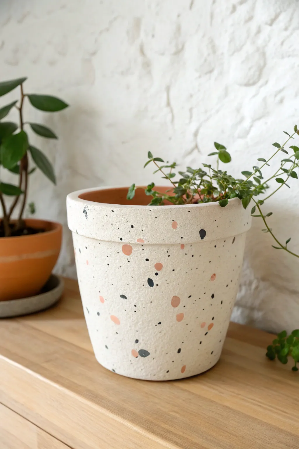 Terrazzo-speckled terracotta pot in two contrast tones, minimalist styling with a simple plant.