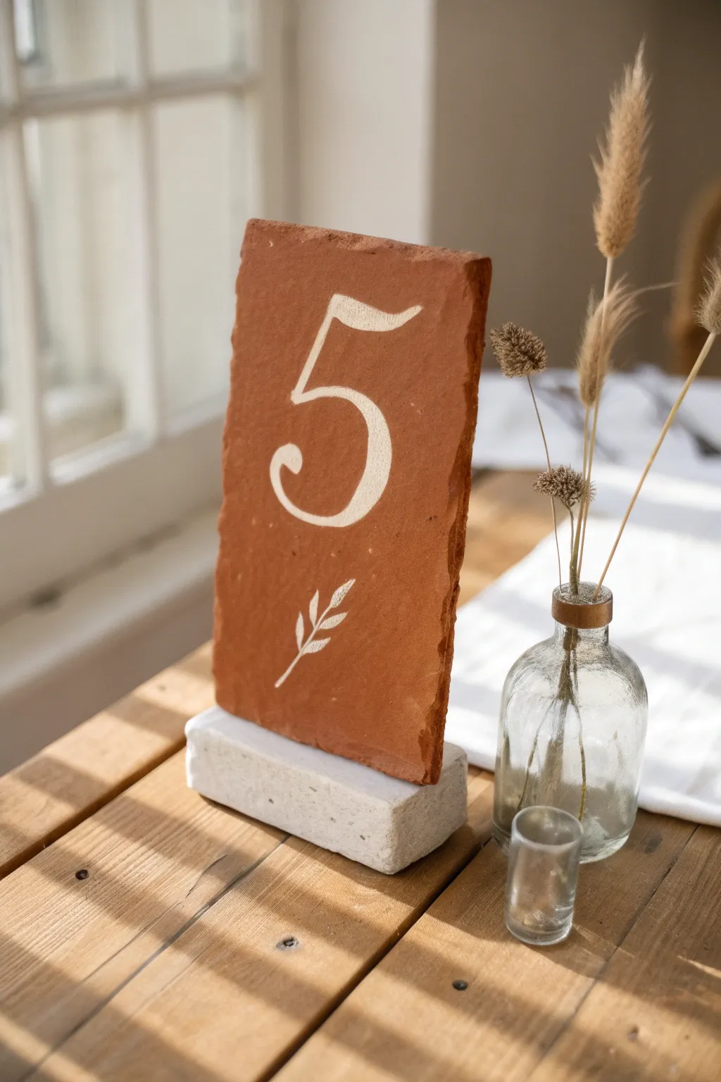 Minimal terracotta slab table number paired with a tiny bud vase for a warm modern wedding