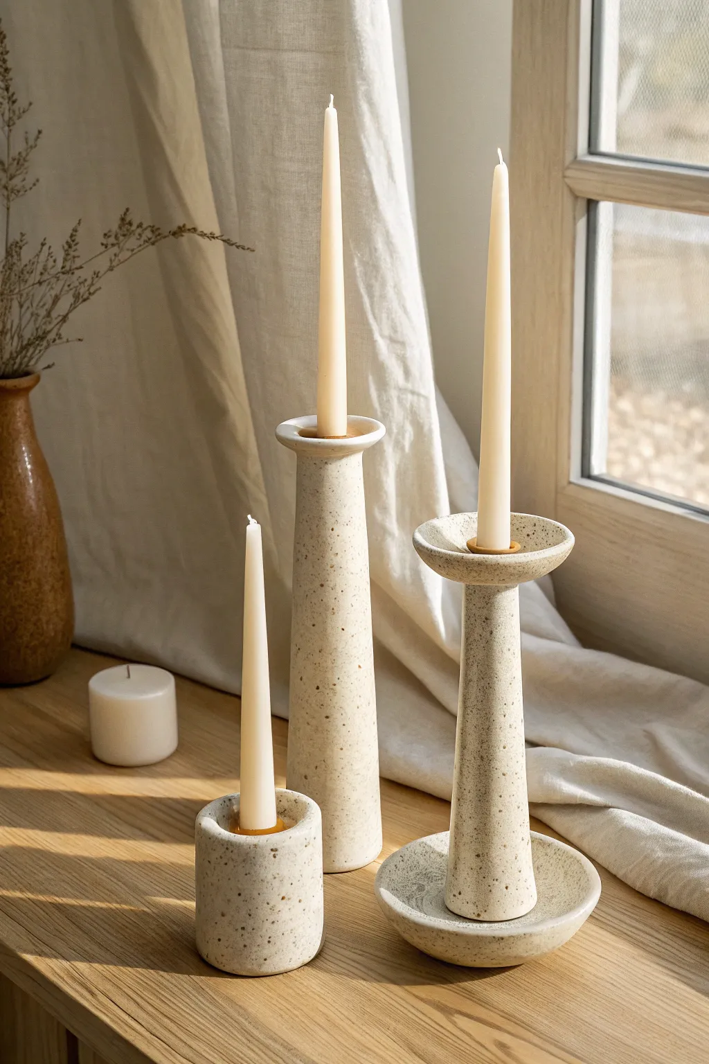Minimal thrown taper holders in a calm trio, warm stoneware tones and soft Scandinavian light.