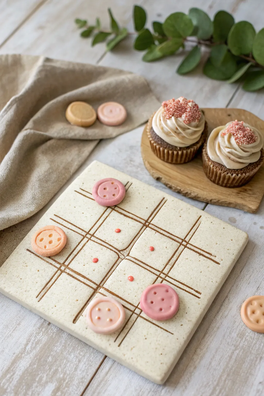 Cozy clay tic tac toe board with cookie vs cupcake tokens in soft pastel bakery tones