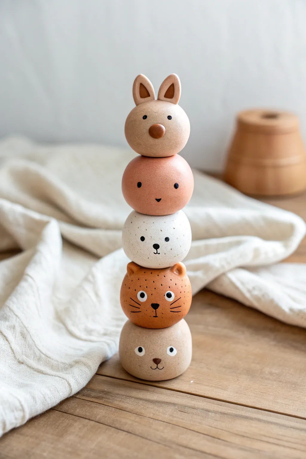 Stackable pill shaped clay animal minis in a tidy tower, minimalist tones, cozy boho feel.