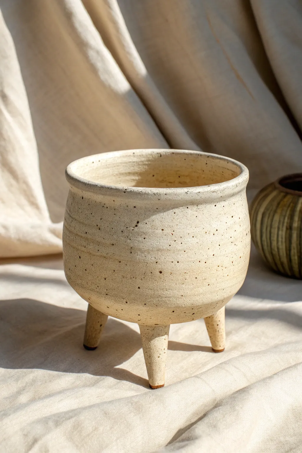 Stamped texture flows from rim to tripod feet for a simple, sculptural vessel with depth.