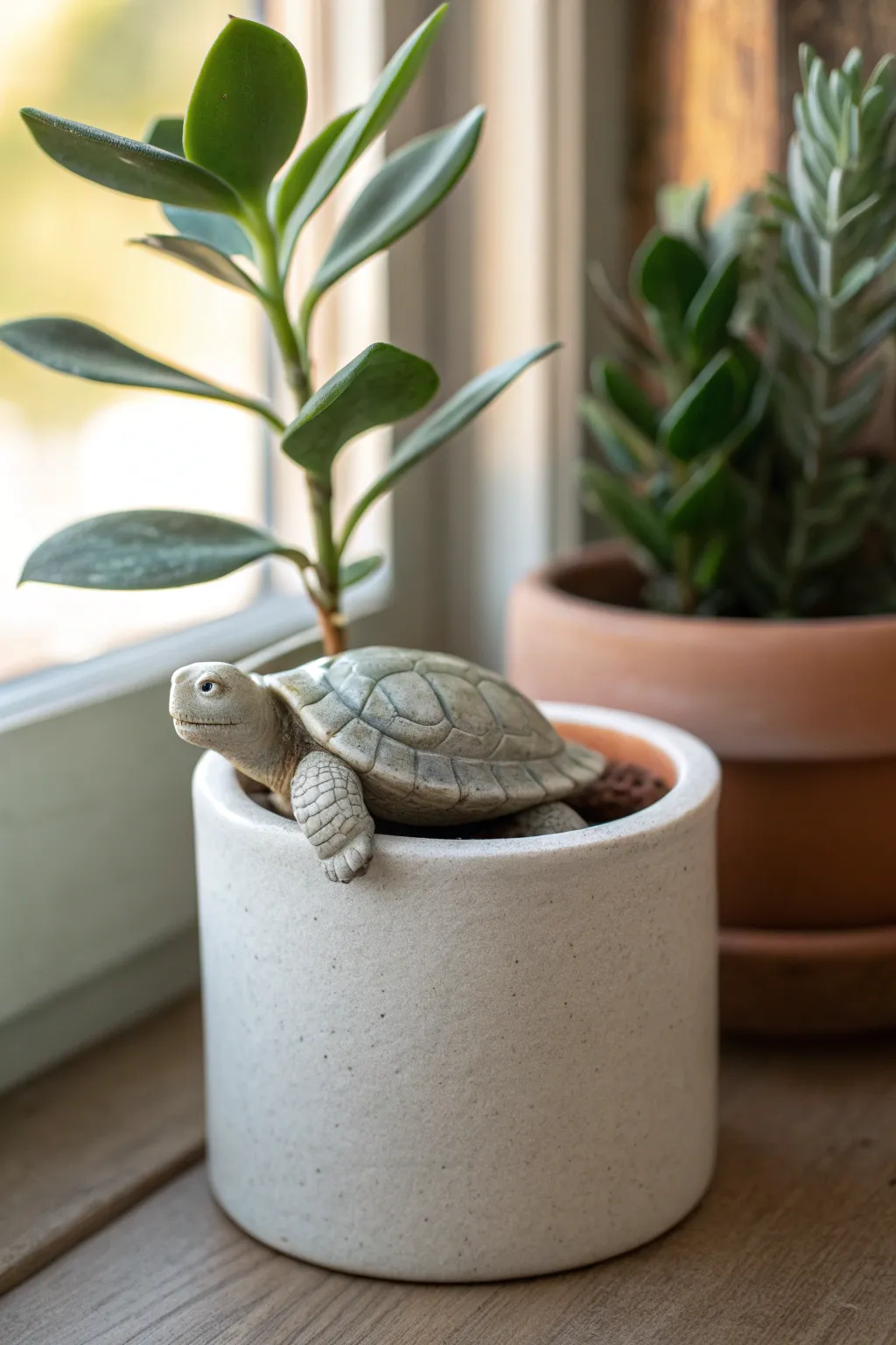 Tiny clay turtle hugs the pot rim, a minimalist plant pal with soft boho charm and contrast.