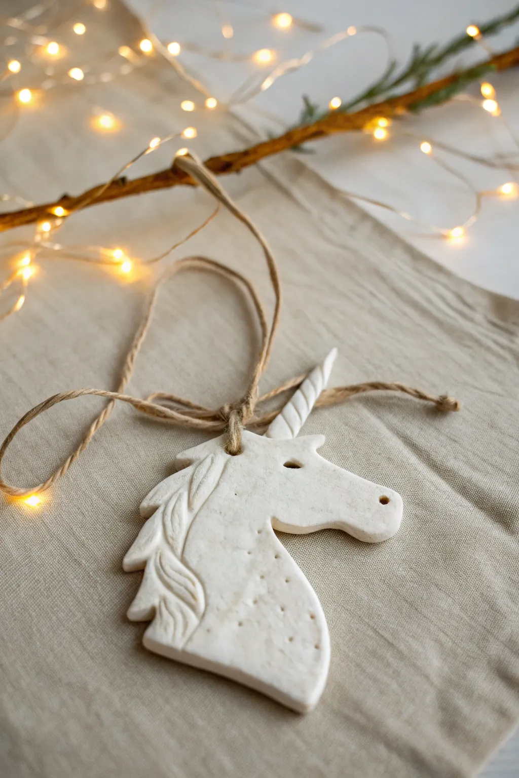 Minimal unicorn clay ornament with ribbon loop, neutral bokeh backdrop, sweet handmade charm