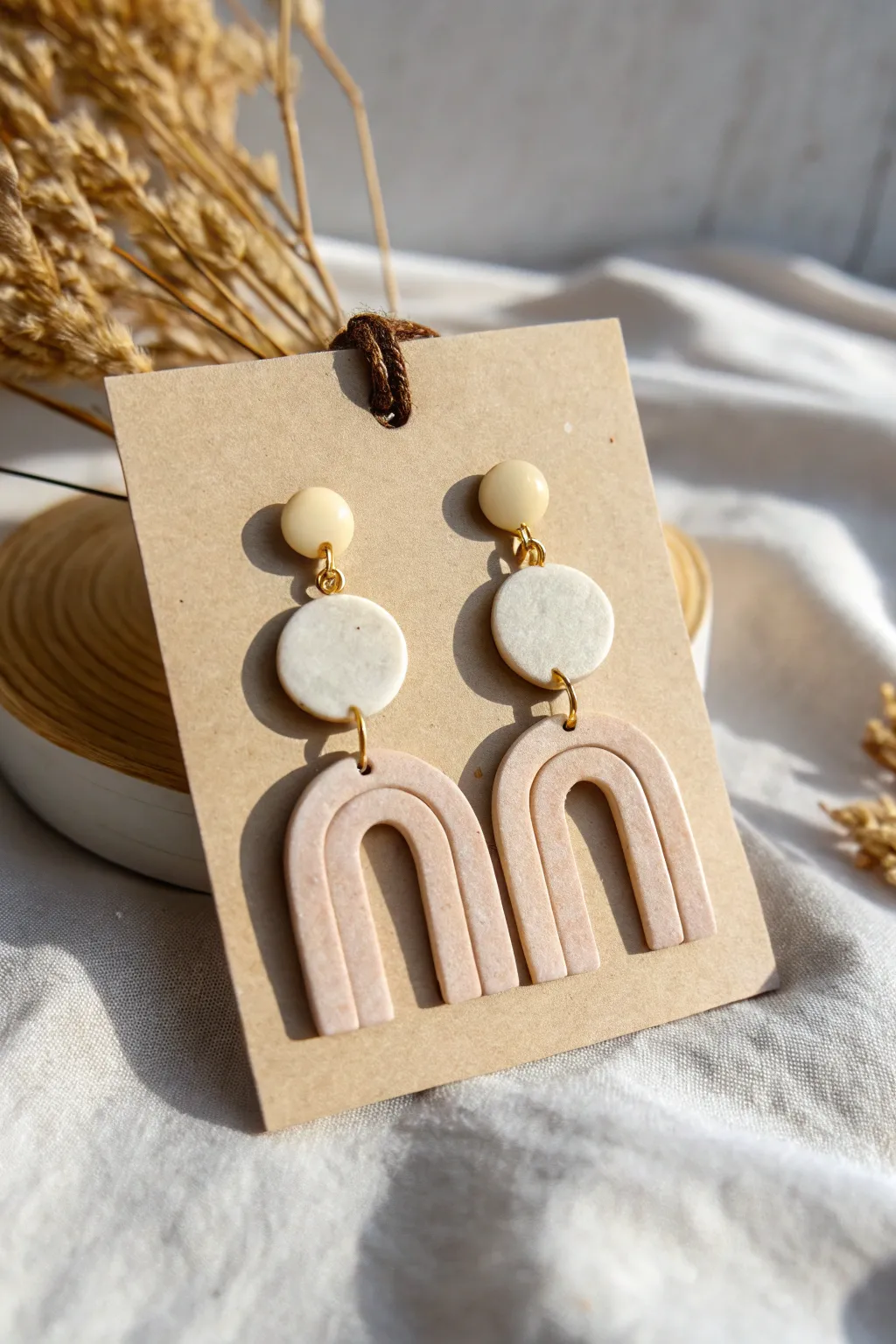 Modern air dry clay statement earrings with matte finish and subtle metallic gold accents on a neutral card