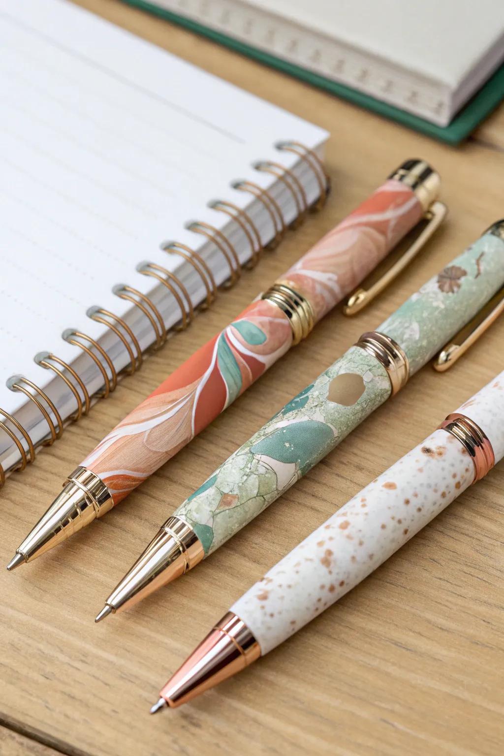 Scrap-mix polymer clay pens in soft confetti and marble tones, styled on a calm minimal desk