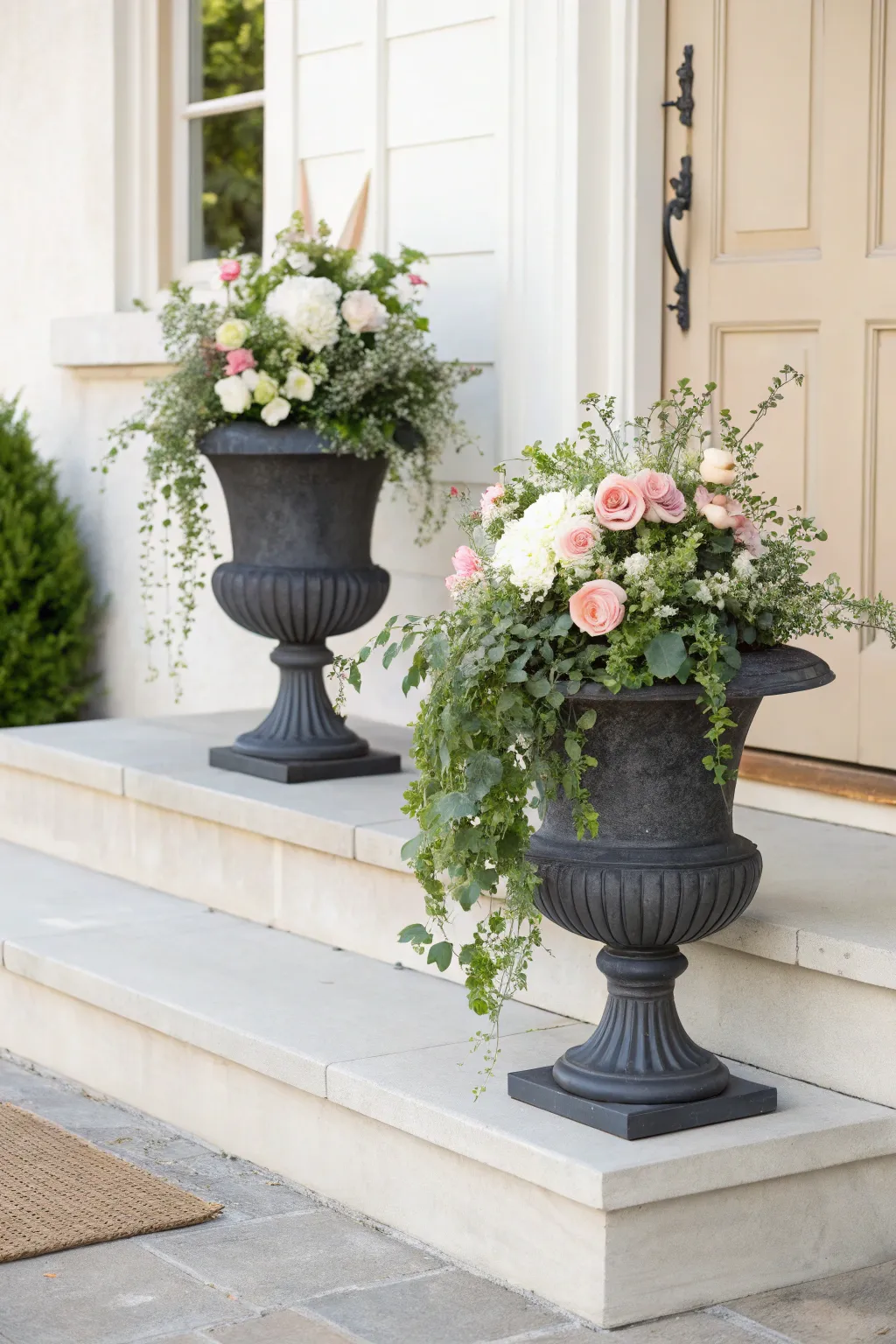 Tiered front-step styling with pedestal urns, soft blush blooms, and airy Scandinavian calm.