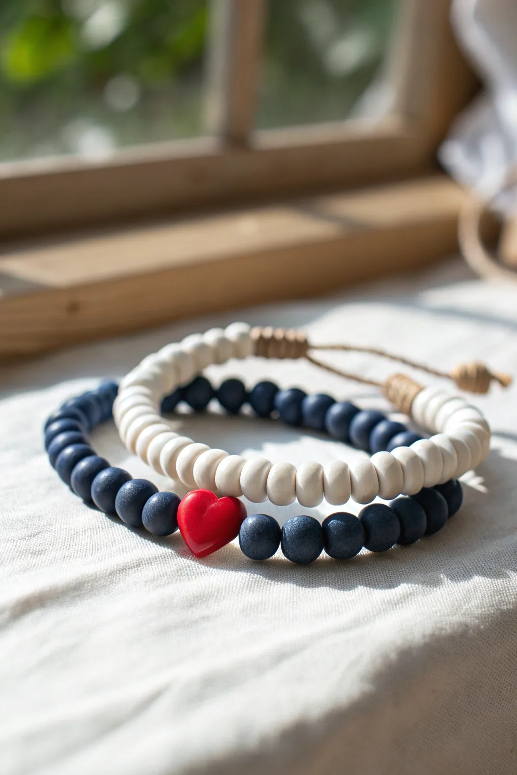 Sweet red heart center with white and navy clay discs for an easy patriotic bracelet stack