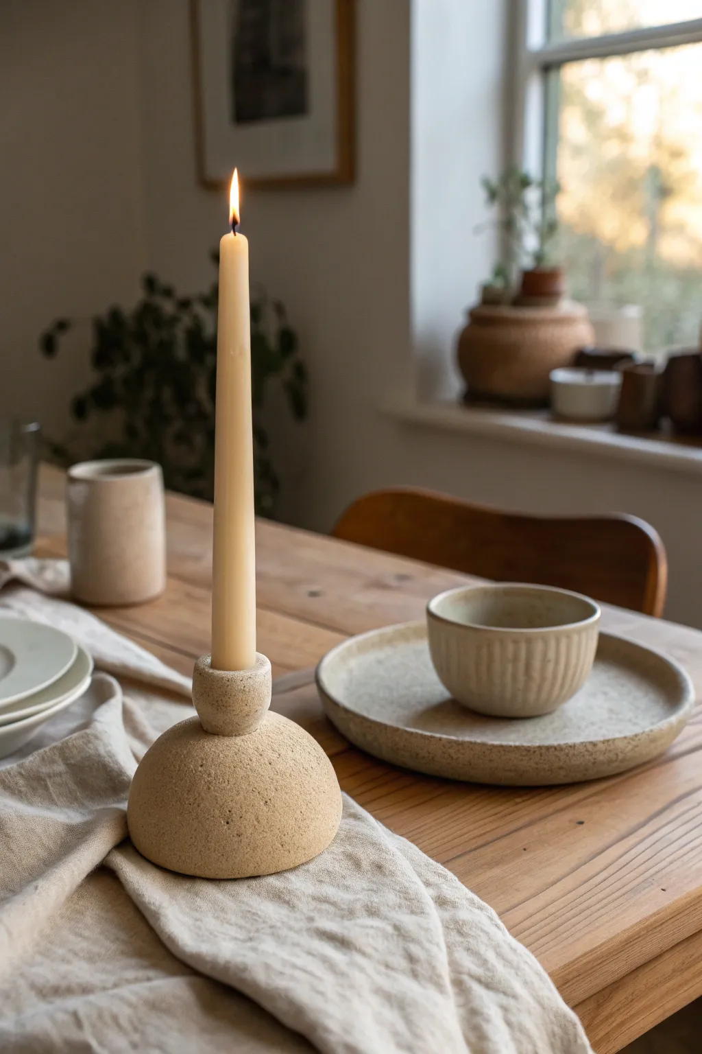 Chunky air dry clay taper holder that brings soft Scandinavian warmth to cozy evenings