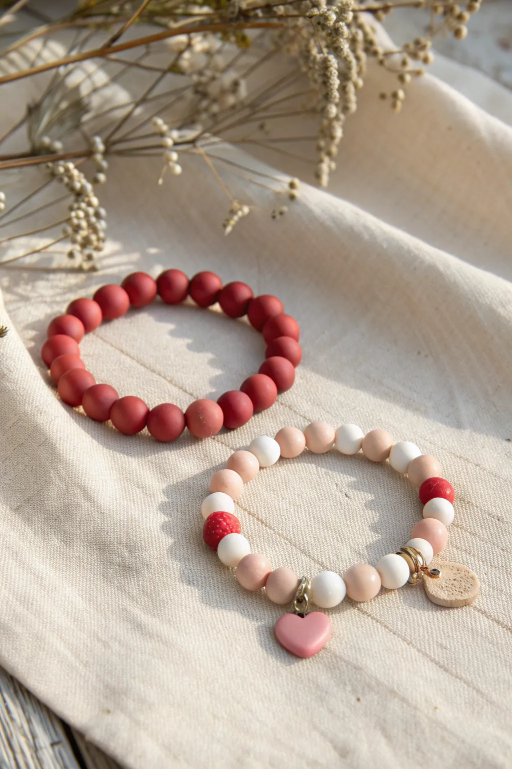 Mama and mini clay bead bracelets in Valentine tones, simple heart detail on a soft neutral backdrop