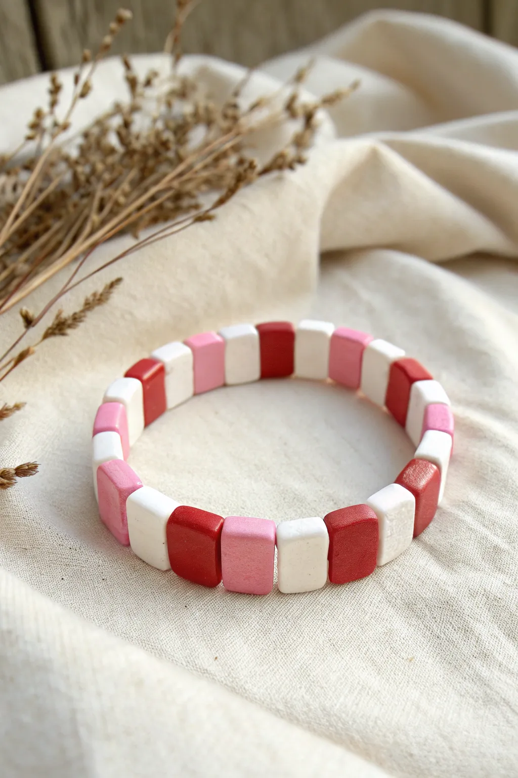 Sweetheart checkerboard clay bracelet in red, pink, and white, bold and minimalist for Valentine day.