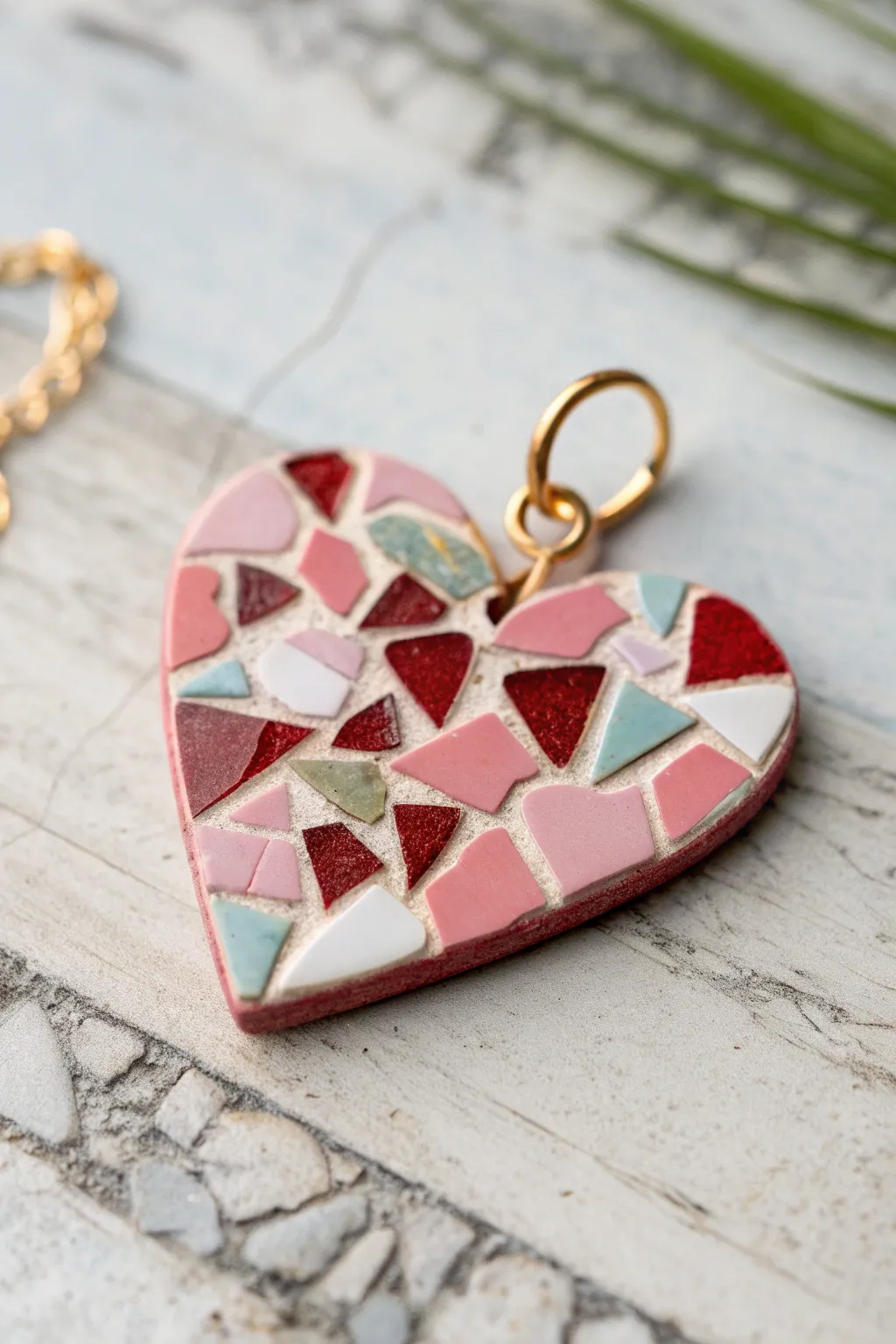 Glossy heart mosaic pendant from scrap clay, minimalist Valentine jewelry with a handmade feel.