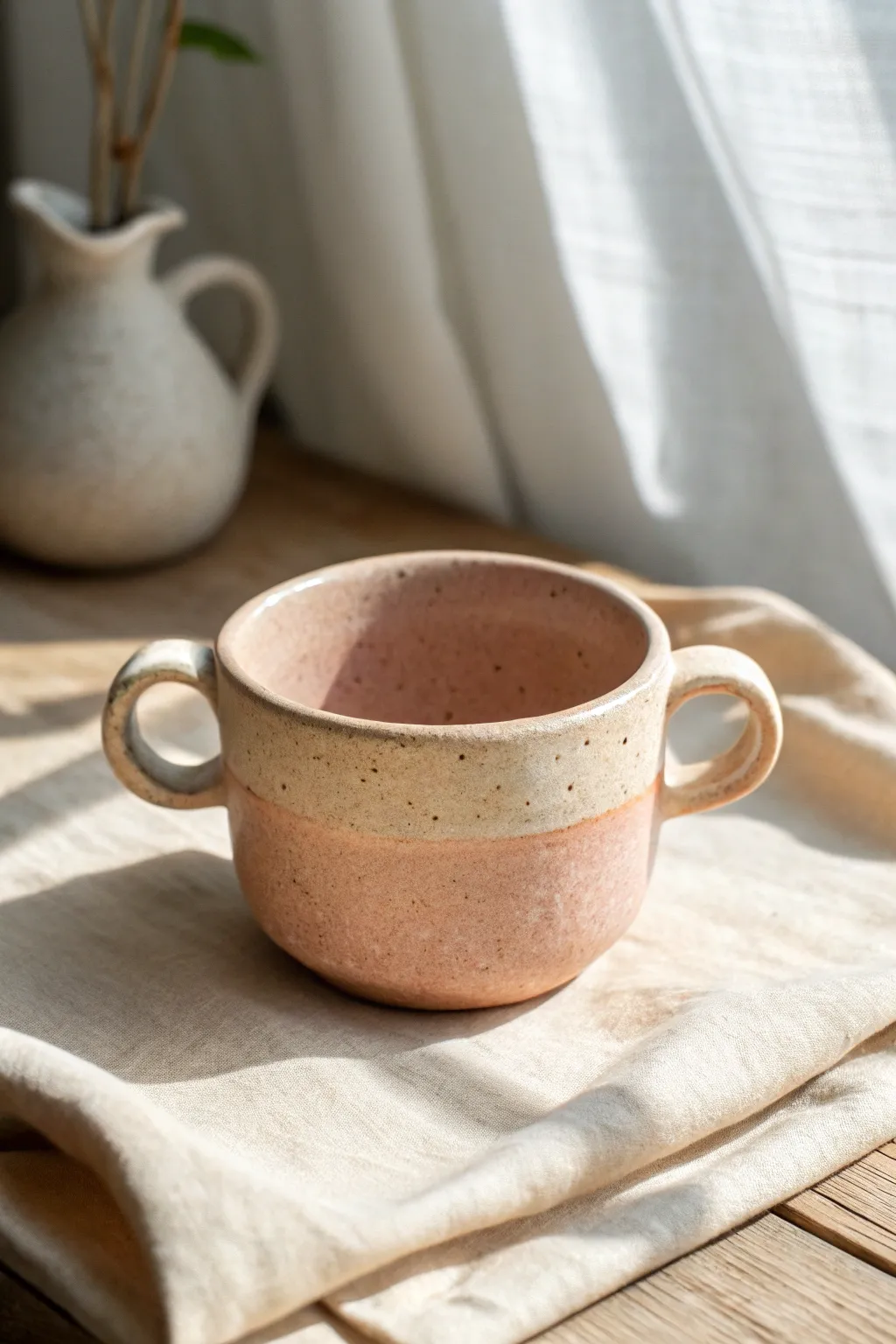 Minimal clay cup with tiny ears and one eye, softly glazed for an oddly organic twist