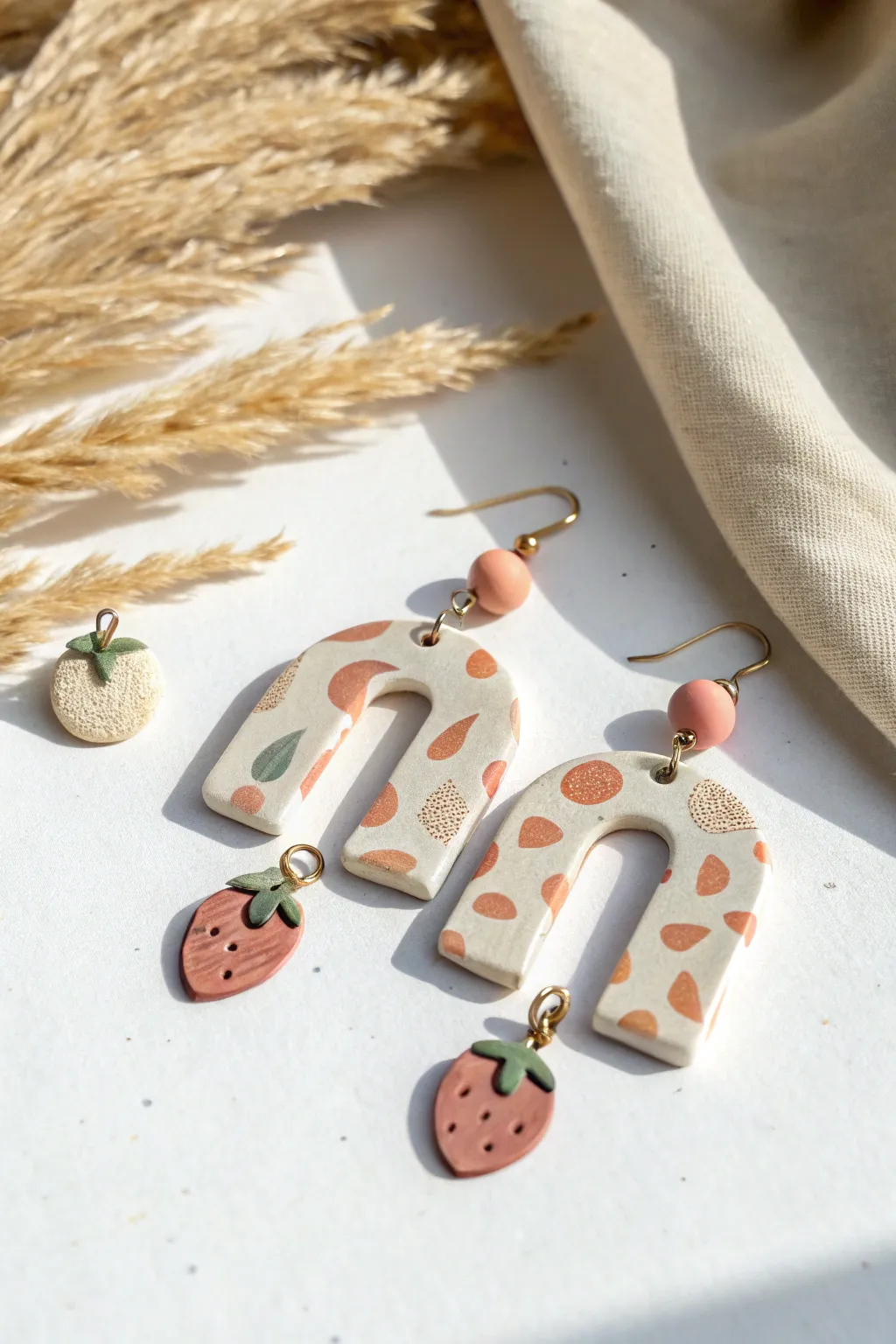 Scandinavian minimalist polymer clay earrings with matching charms, styled neatly in earthy tones.