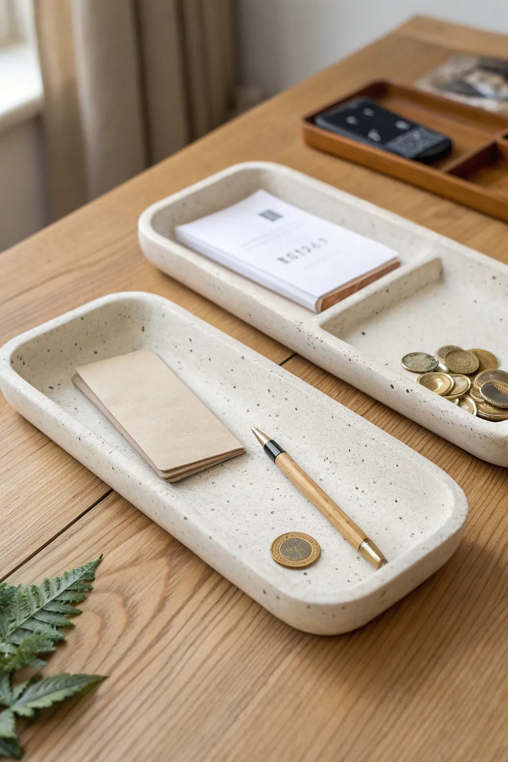 Minimal clay organizer trays for a calm desk setup, perfect for pens, clips, and spare change